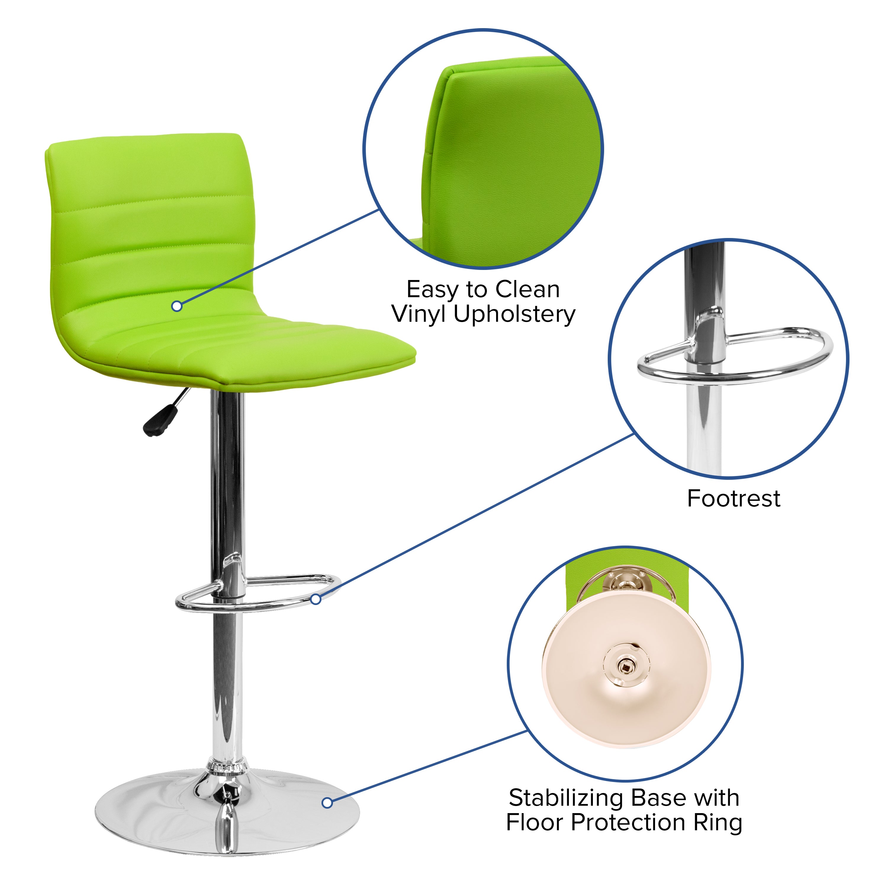 Vincent Modern Green Vinyl Adjustable Bar Stool with Back, Swivel Stool with Chrome Pedestal Base and Footrest