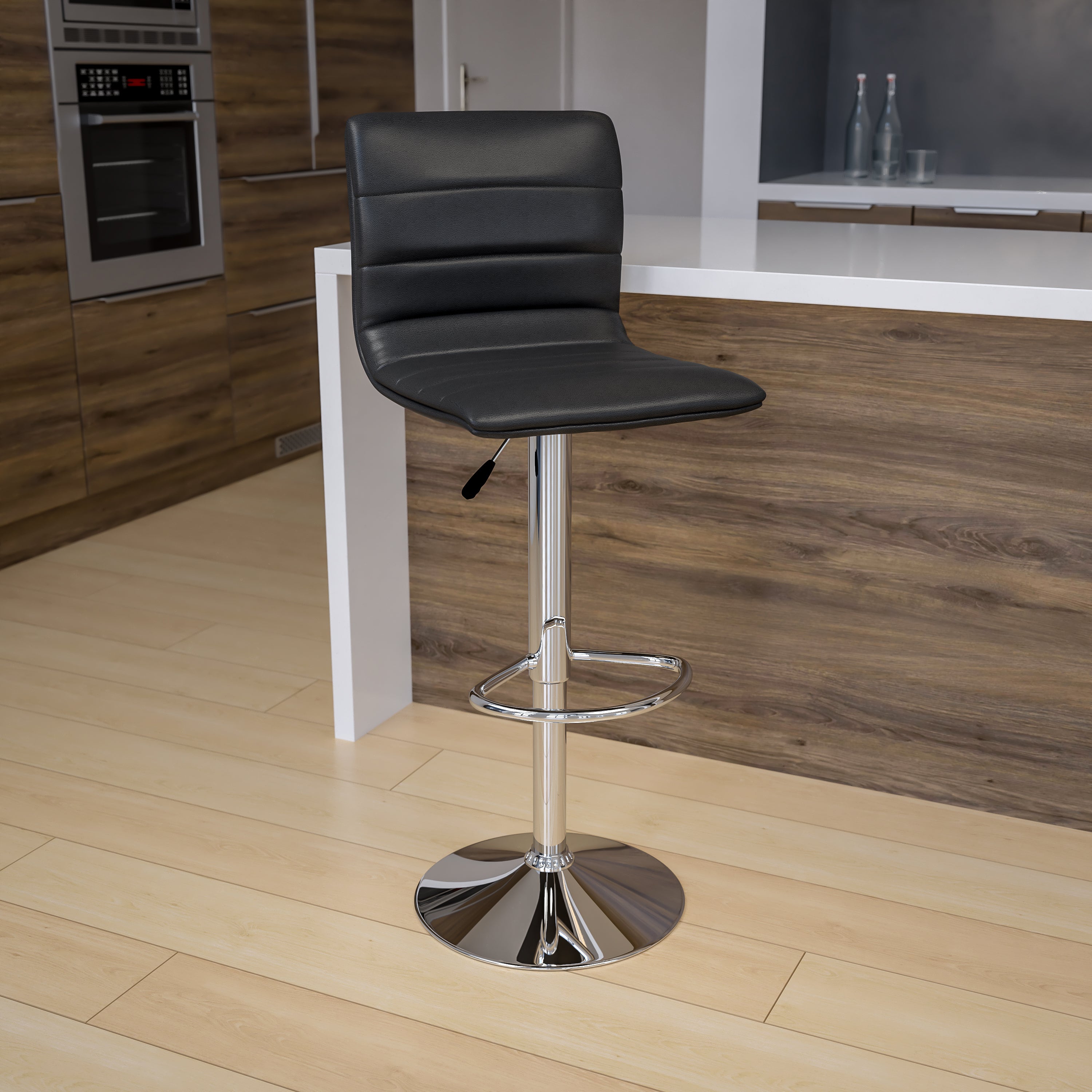Vincent Modern Gray Vinyl Adjustable Bar Stool with Back, Swivel Stool with Chrome Pedestal Base and Footrest
