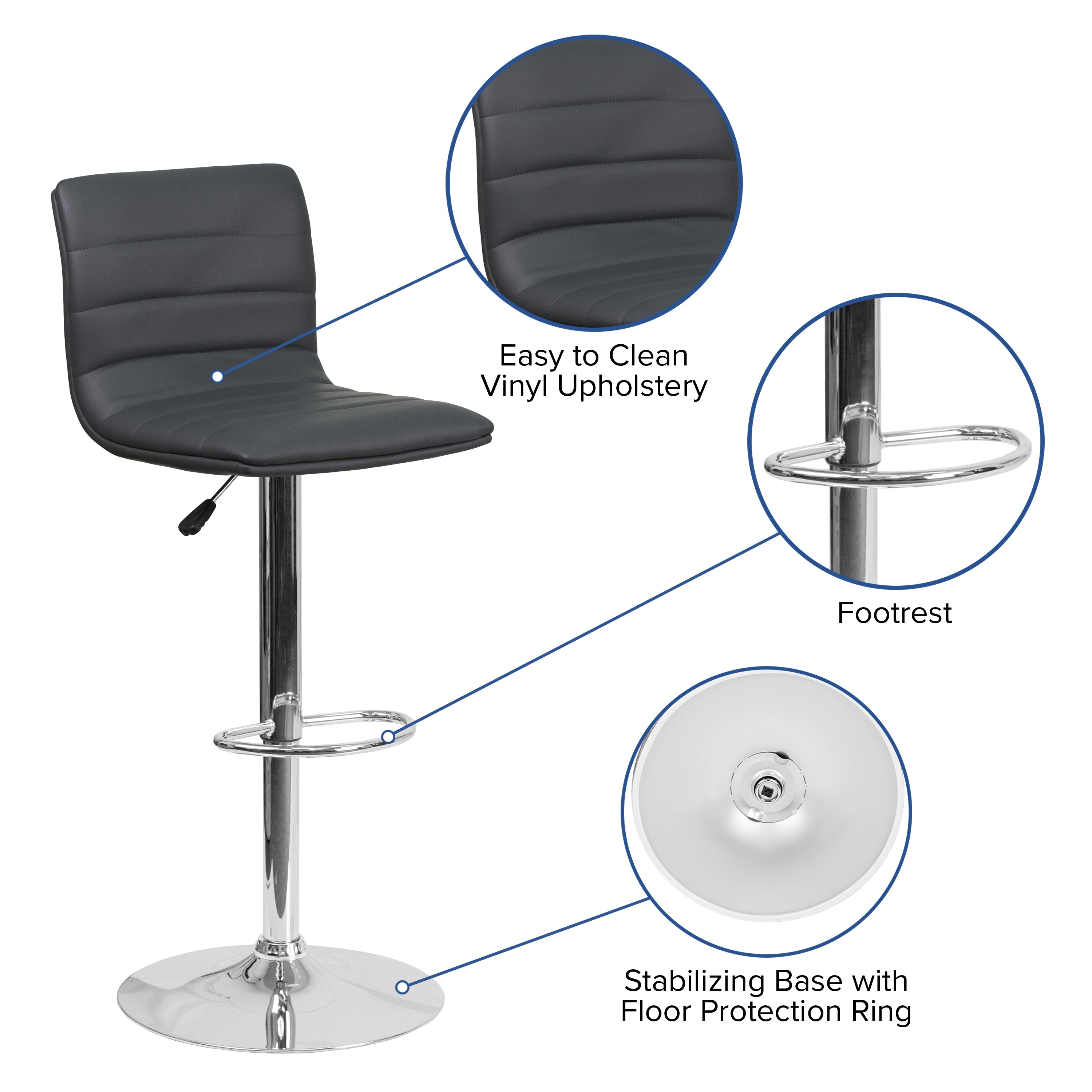 Vincent Modern Gray Vinyl Adjustable Bar Stool with Back, Swivel Stool with Chrome Pedestal Base and Footrest