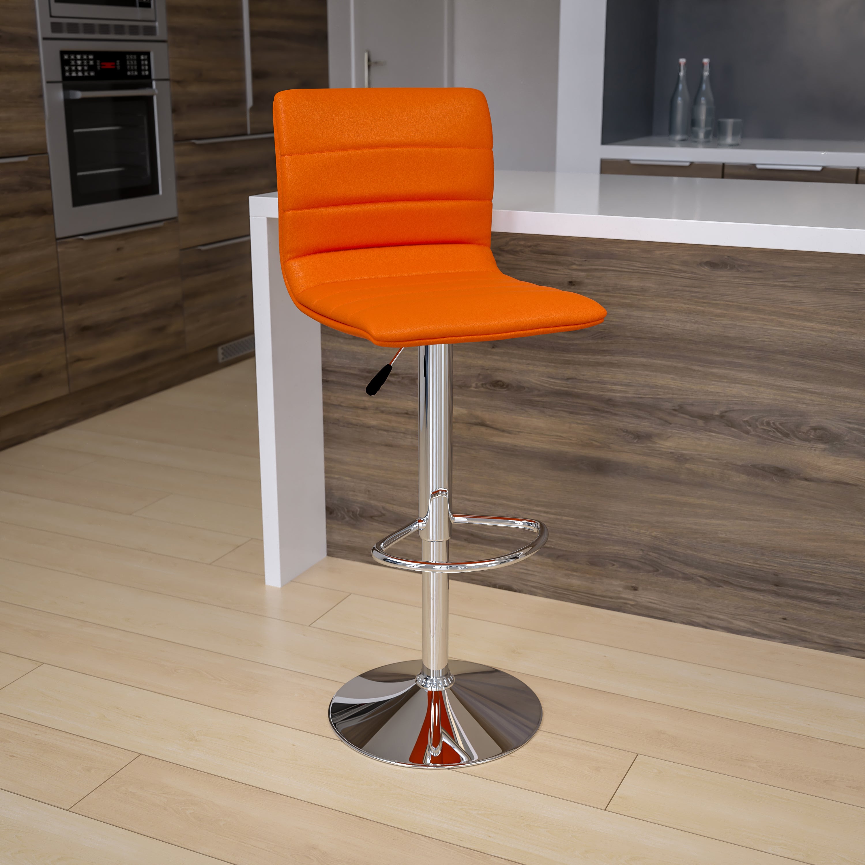 Vincent Modern Orange Vinyl Adjustable Bar Stool with Back, Swivel Stool with Chrome Pedestal Base and Footrest