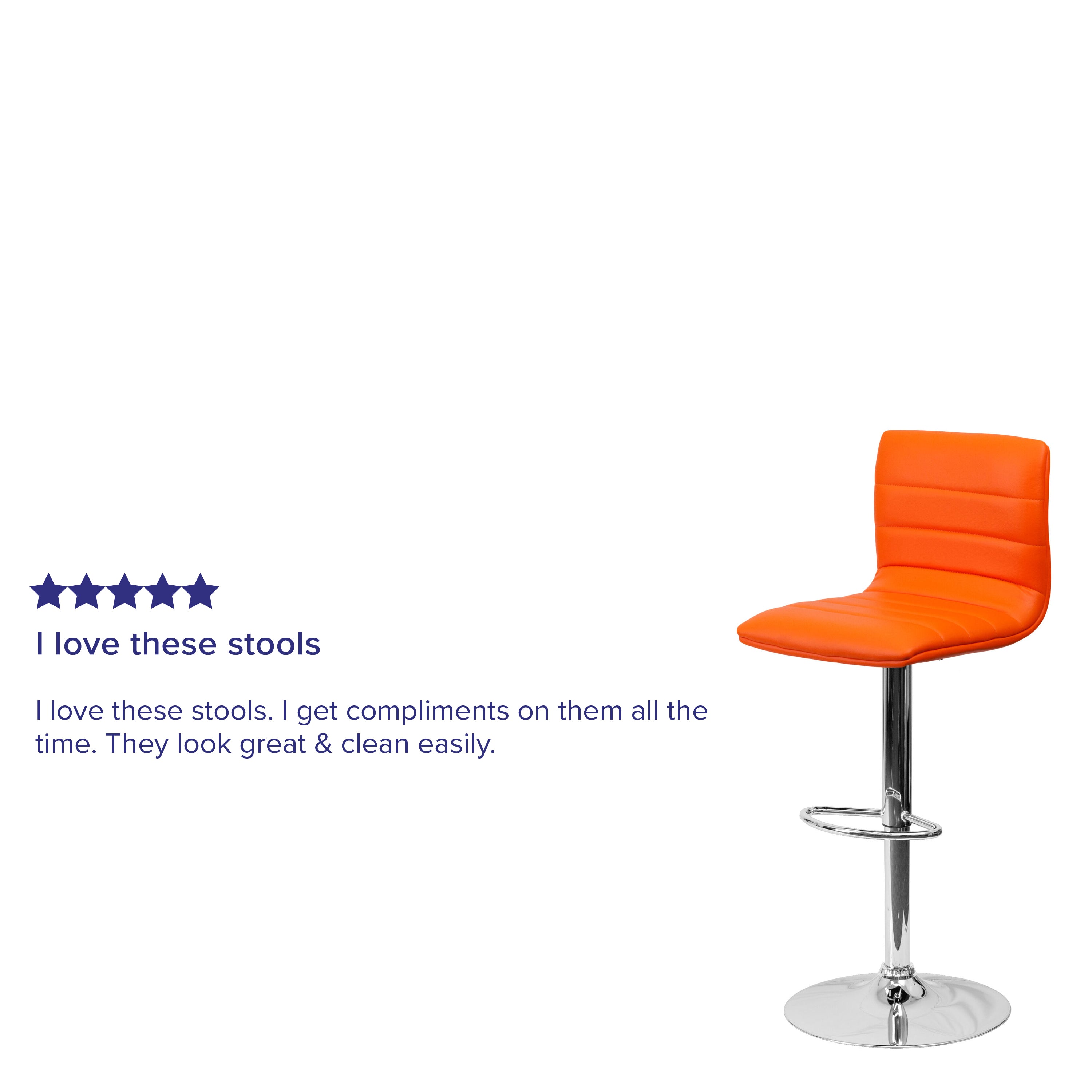 Vincent Modern Orange Vinyl Adjustable Bar Stool with Back, Swivel Stool with Chrome Pedestal Base and Footrest