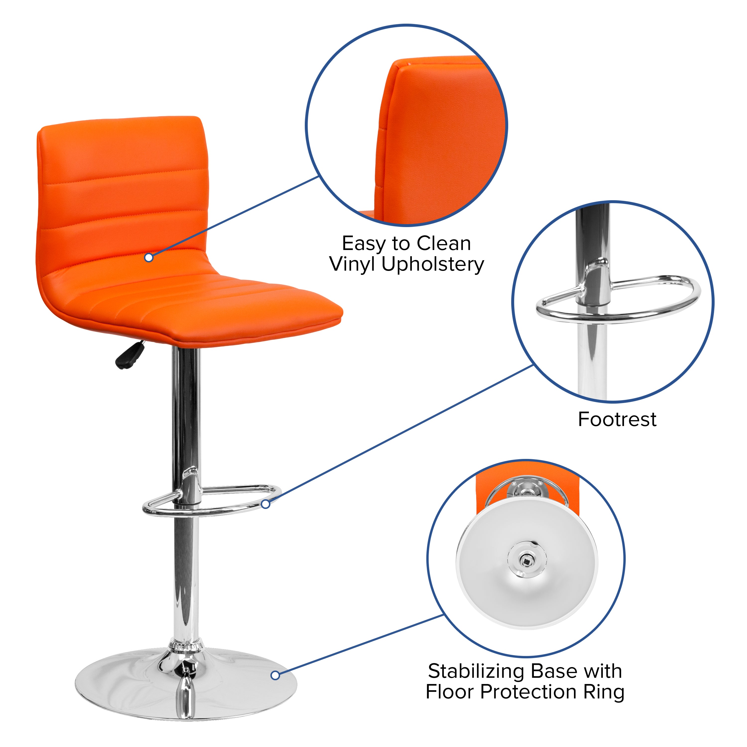 Vincent Modern Orange Vinyl Adjustable Bar Stool with Back, Swivel Stool with Chrome Pedestal Base and Footrest