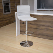 Vincent Modern White Vinyl Adjustable Bar Stool with Back, Swivel Stool with Chrome Pedestal Base and Footrest