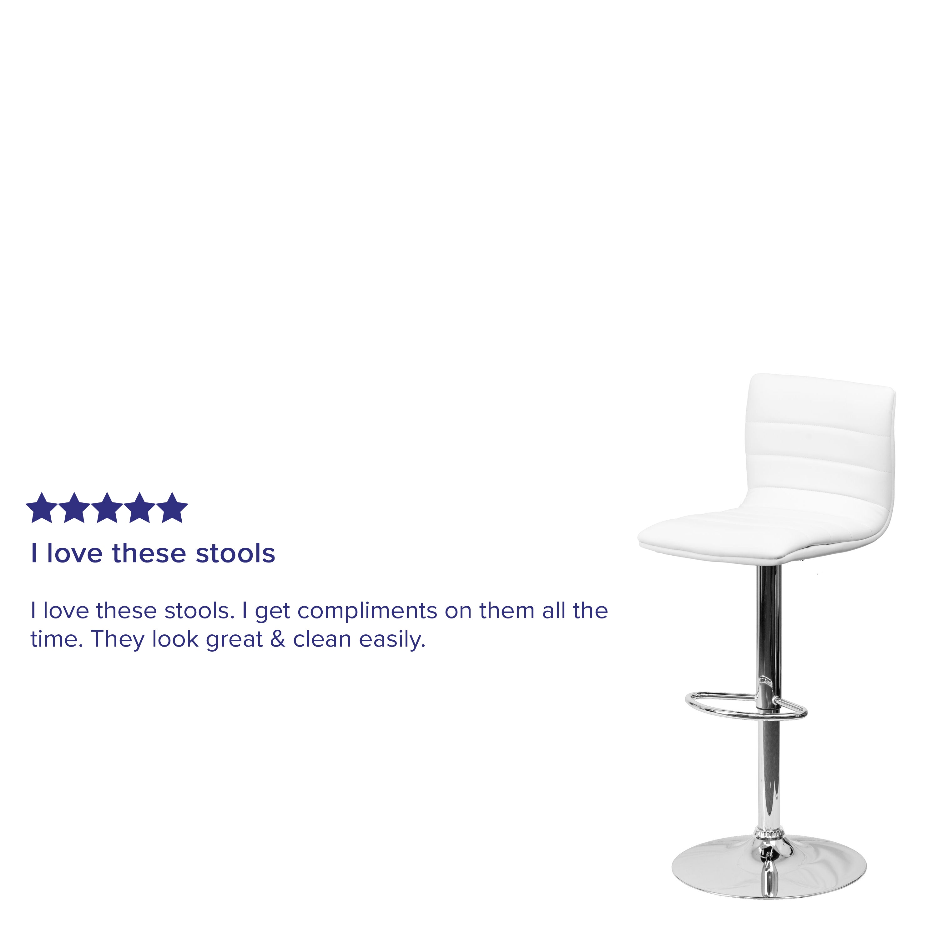 Vincent Modern White Vinyl Adjustable Bar Stool with Back, Swivel Stool with Chrome Pedestal Base and Footrest