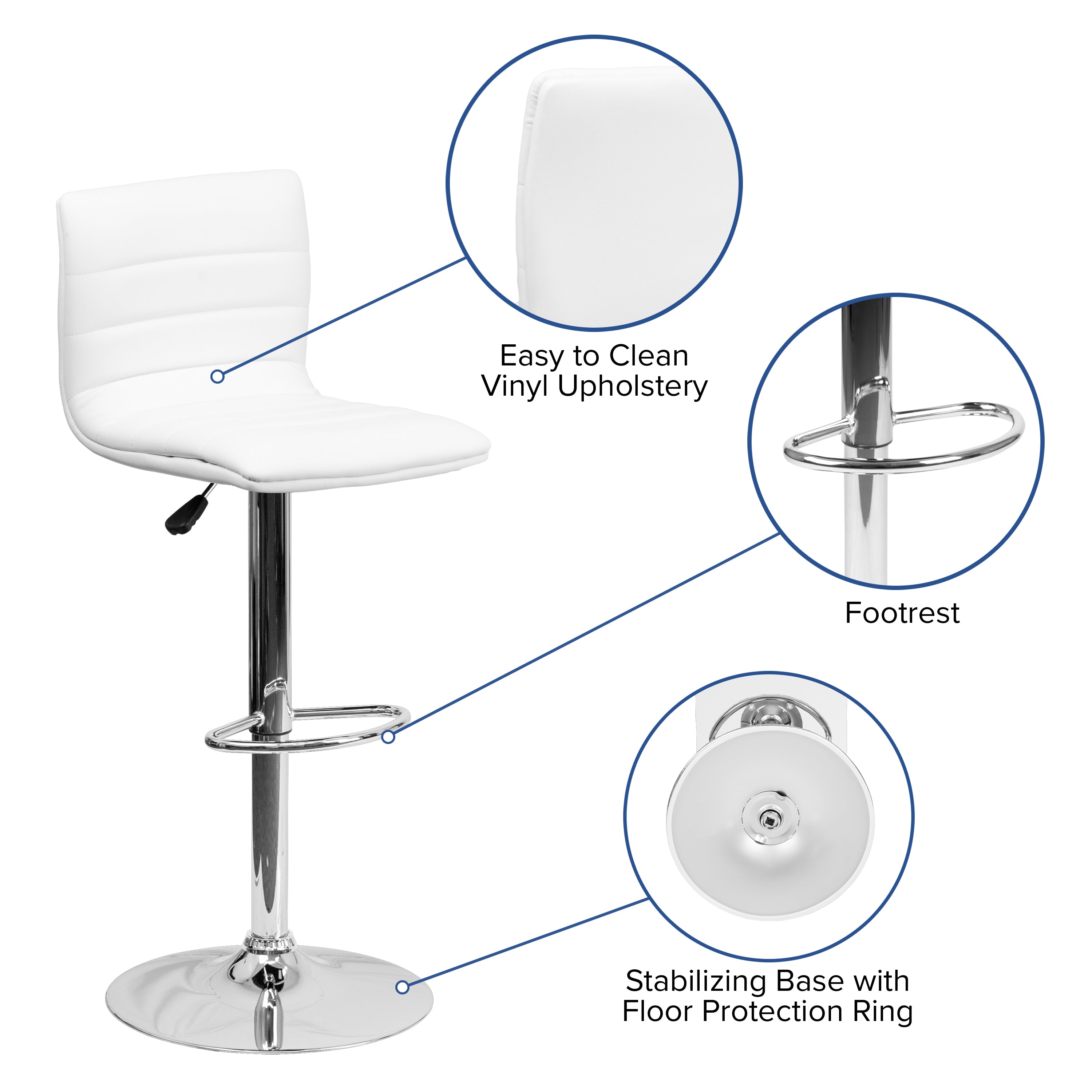 Vincent Modern White Vinyl Adjustable Bar Stool with Back, Swivel Stool with Chrome Pedestal Base and Footrest