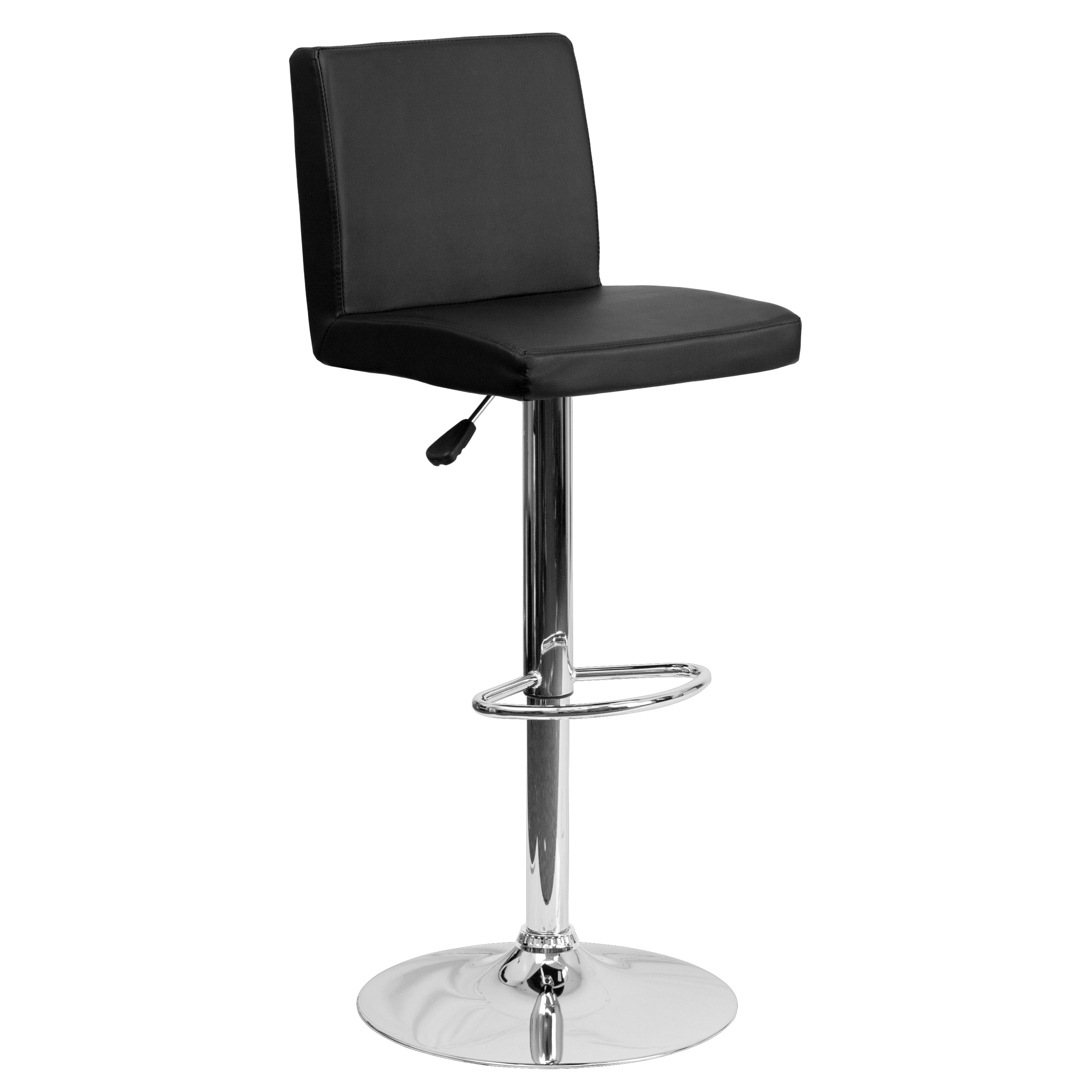 Betty Contemporary Black Vinyl Adjustable Height Barstool with Panel Back and Chrome Base