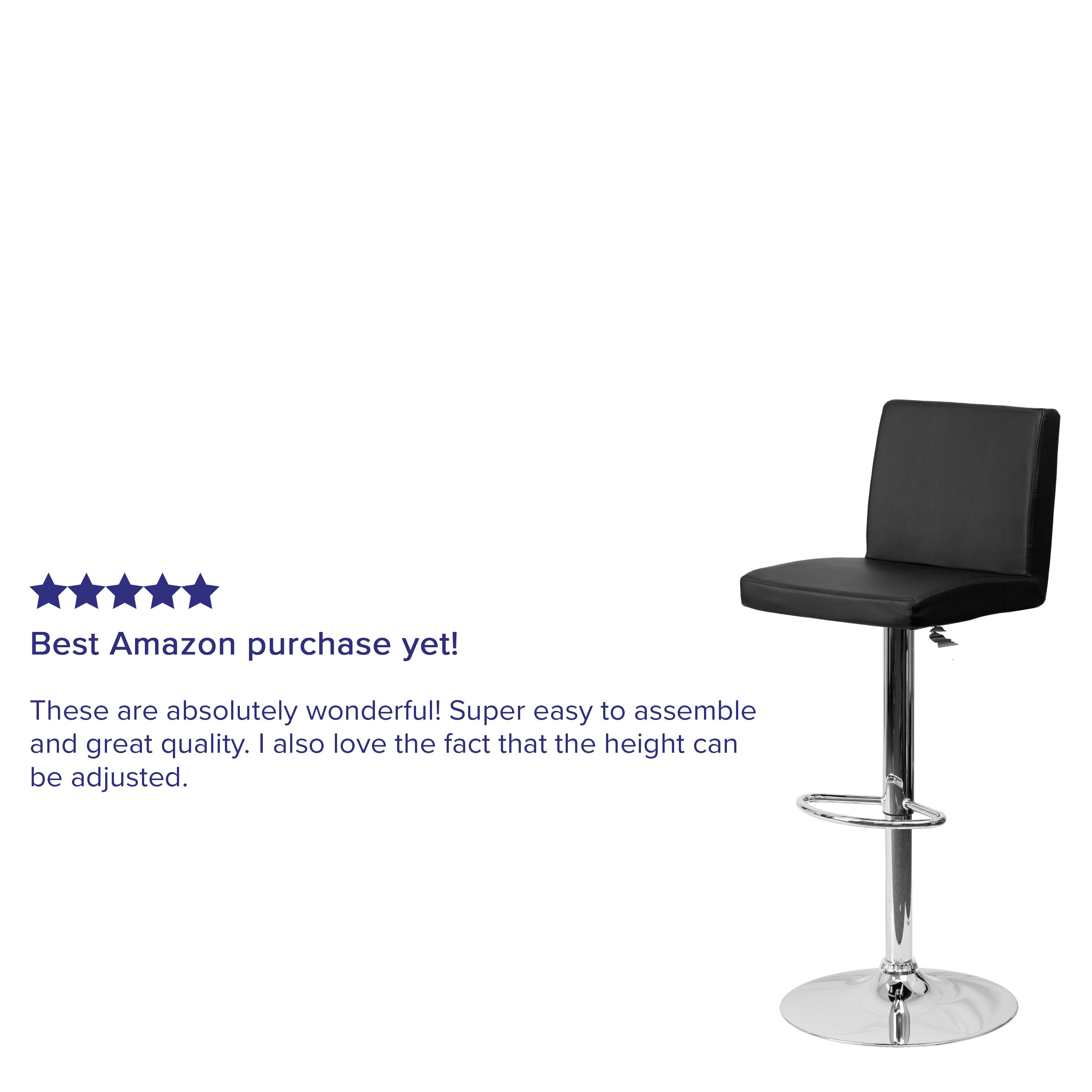 Betty Contemporary Black Vinyl Adjustable Height Barstool with Panel Back and Chrome Base