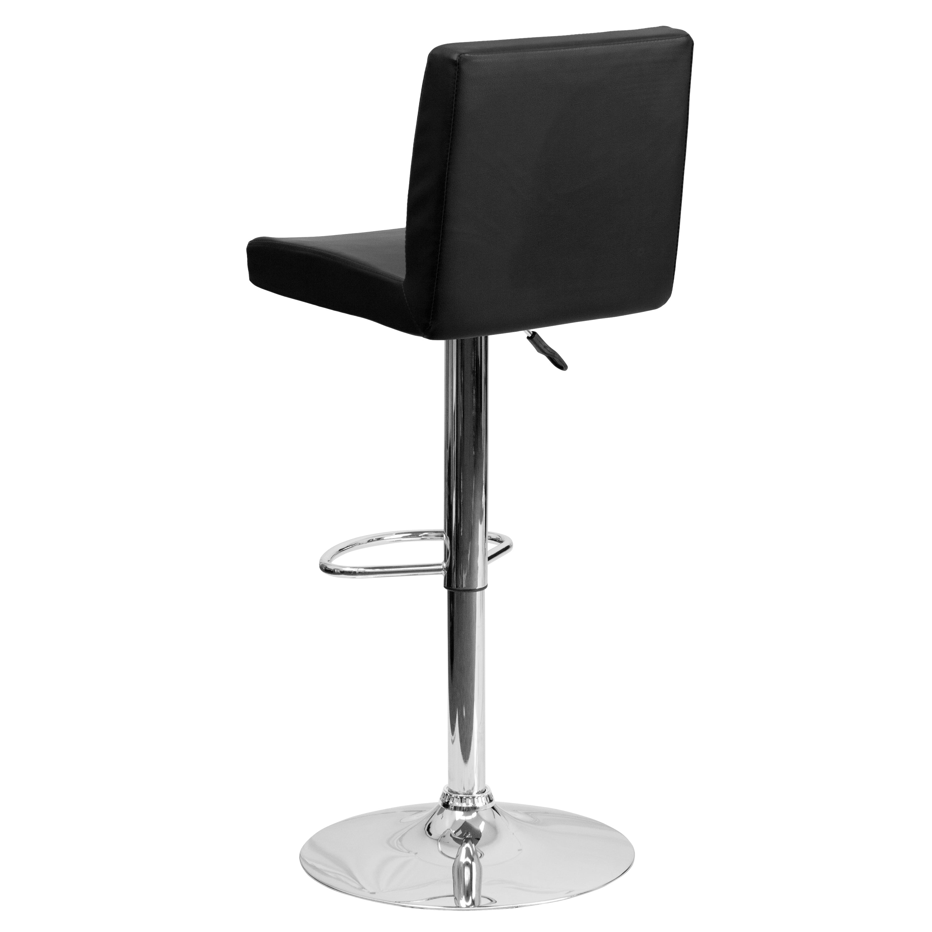 Betty Contemporary Black Vinyl Adjustable Height Barstool with Panel Back and Chrome Base