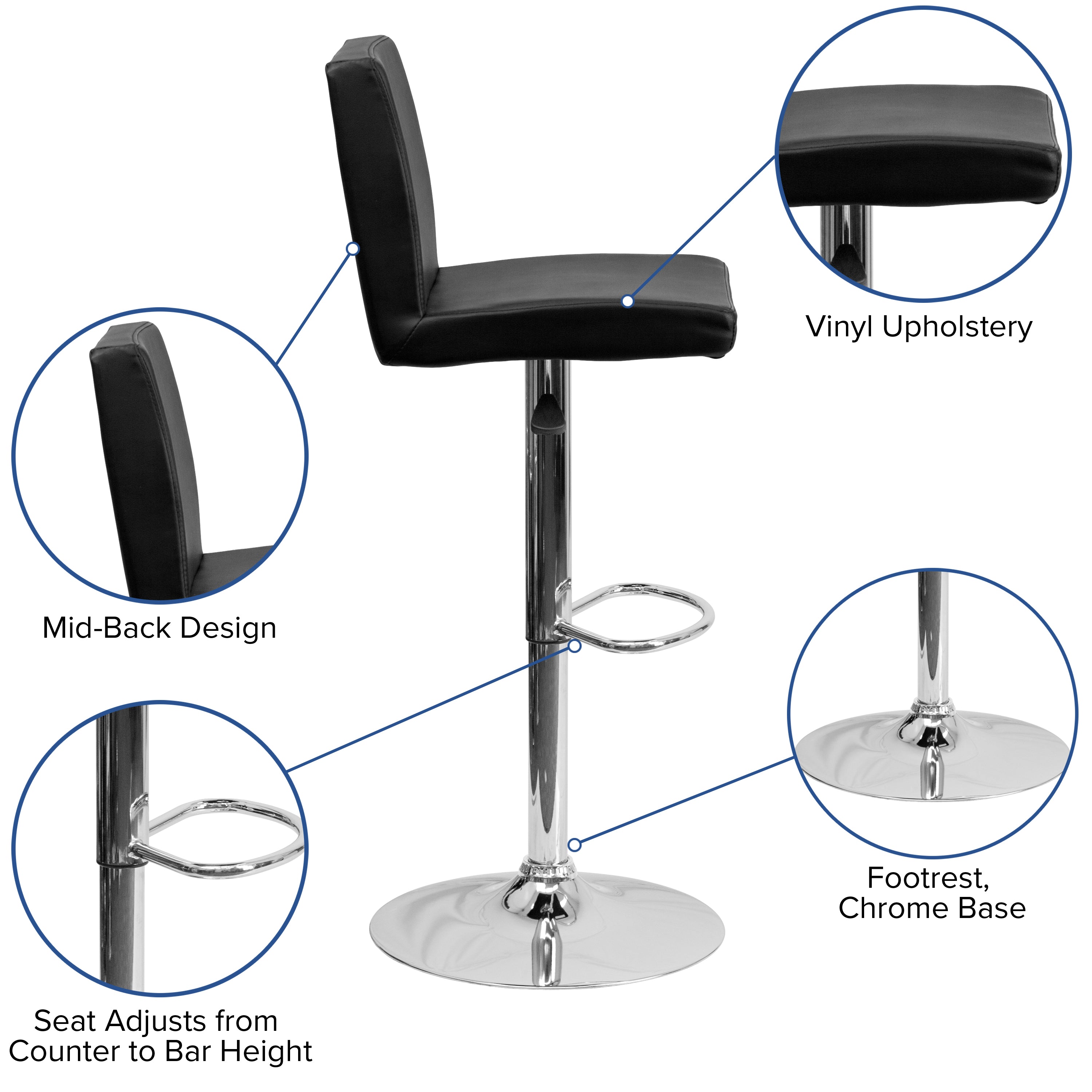 Betty Contemporary Black Vinyl Adjustable Height Barstool with Panel Back and Chrome Base
