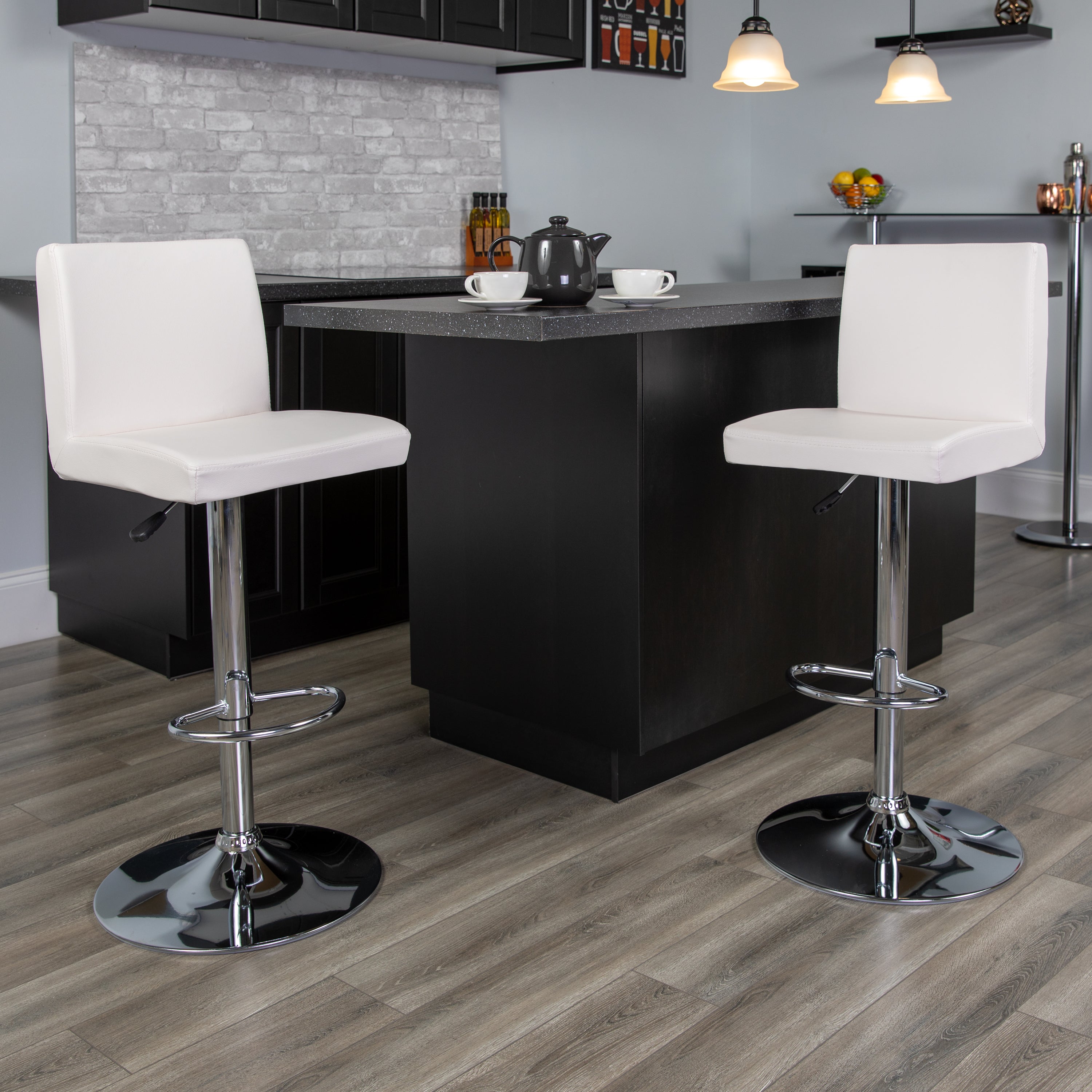 Betty Contemporary White Vinyl Adjustable Height Barstool with Panel Back and Chrome Base