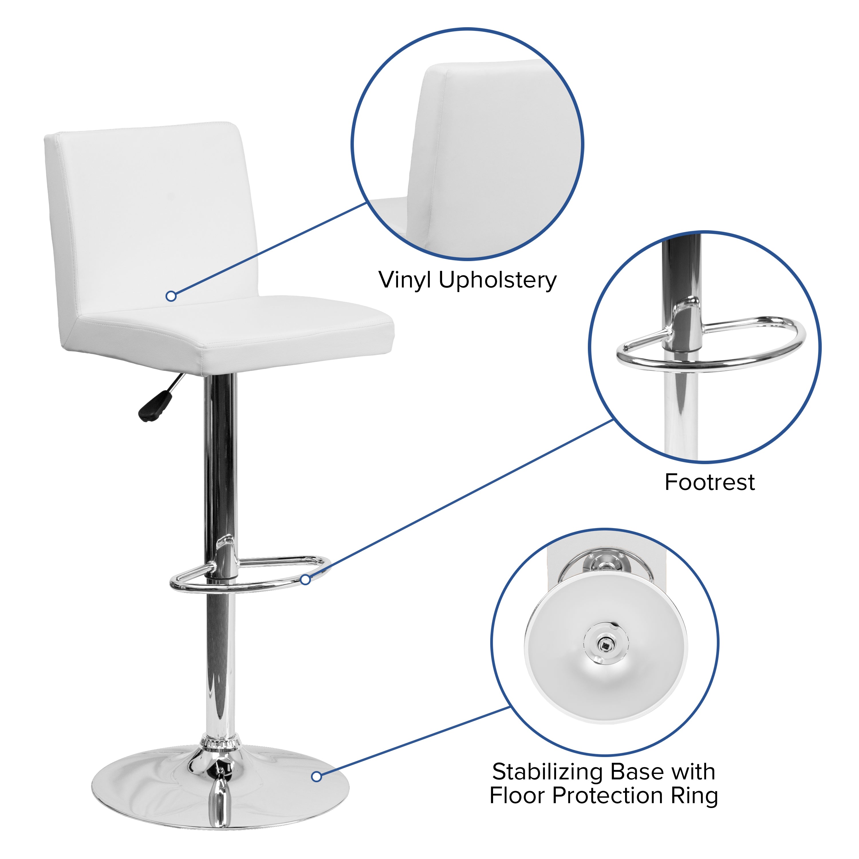 Betty Contemporary White Vinyl Adjustable Height Barstool with Panel Back and Chrome Base