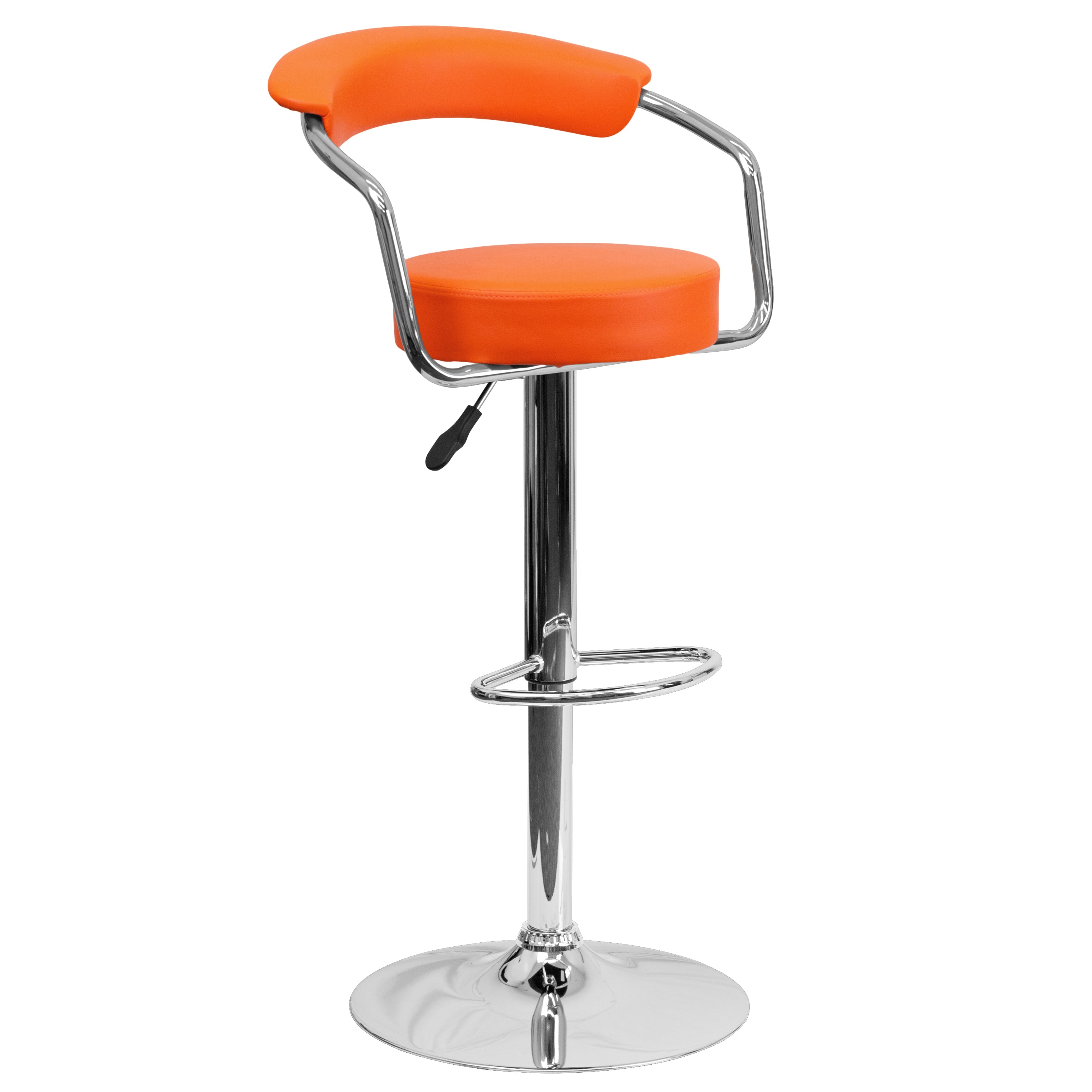 Cruz Contemporary Orange Vinyl Adjustable Height Barstool with Arms and Chrome Base