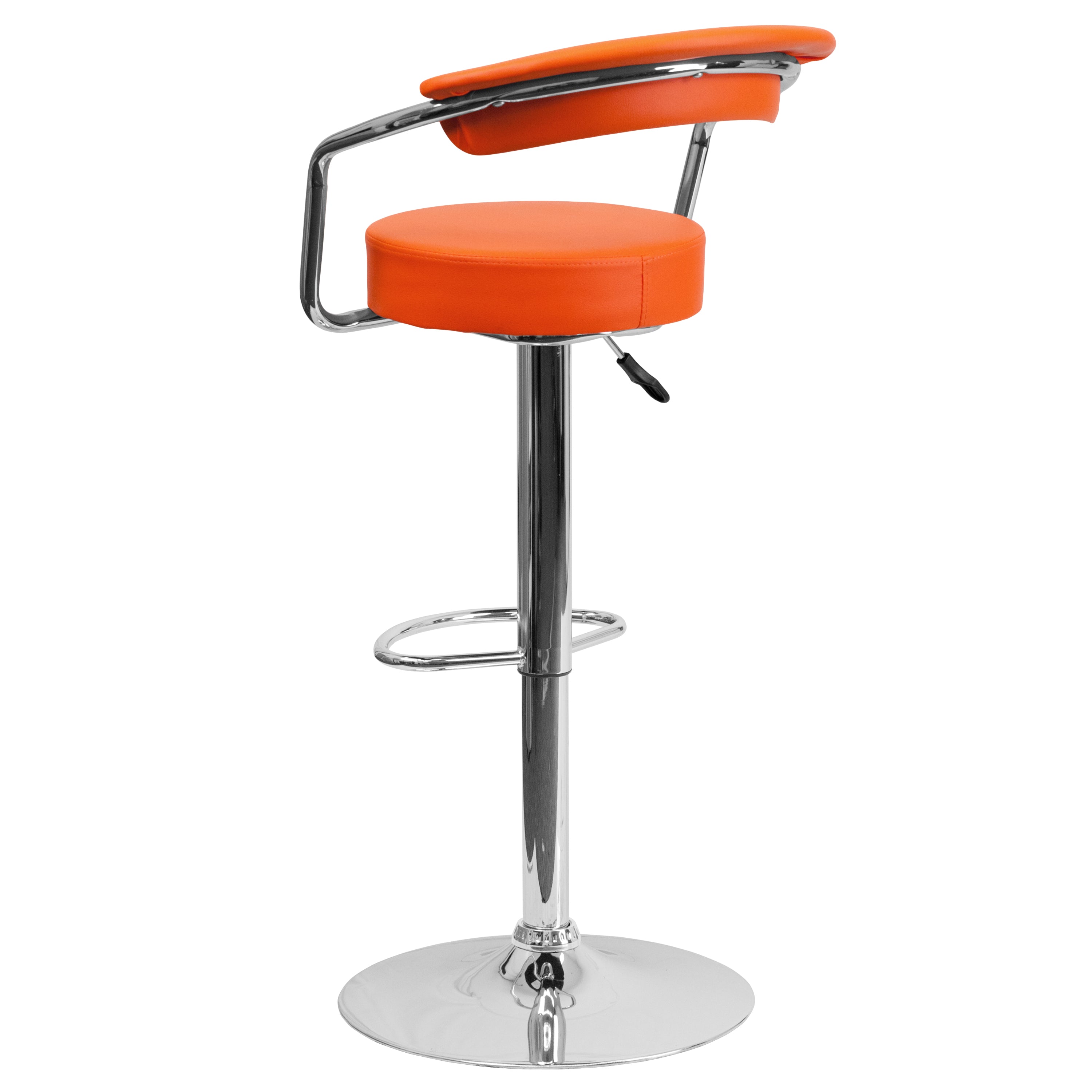 Cruz Contemporary Orange Vinyl Adjustable Height Barstool with Arms and Chrome Base