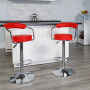 Cruz Contemporary Red Vinyl Adjustable Height Barstool with Arms and Chrome Base