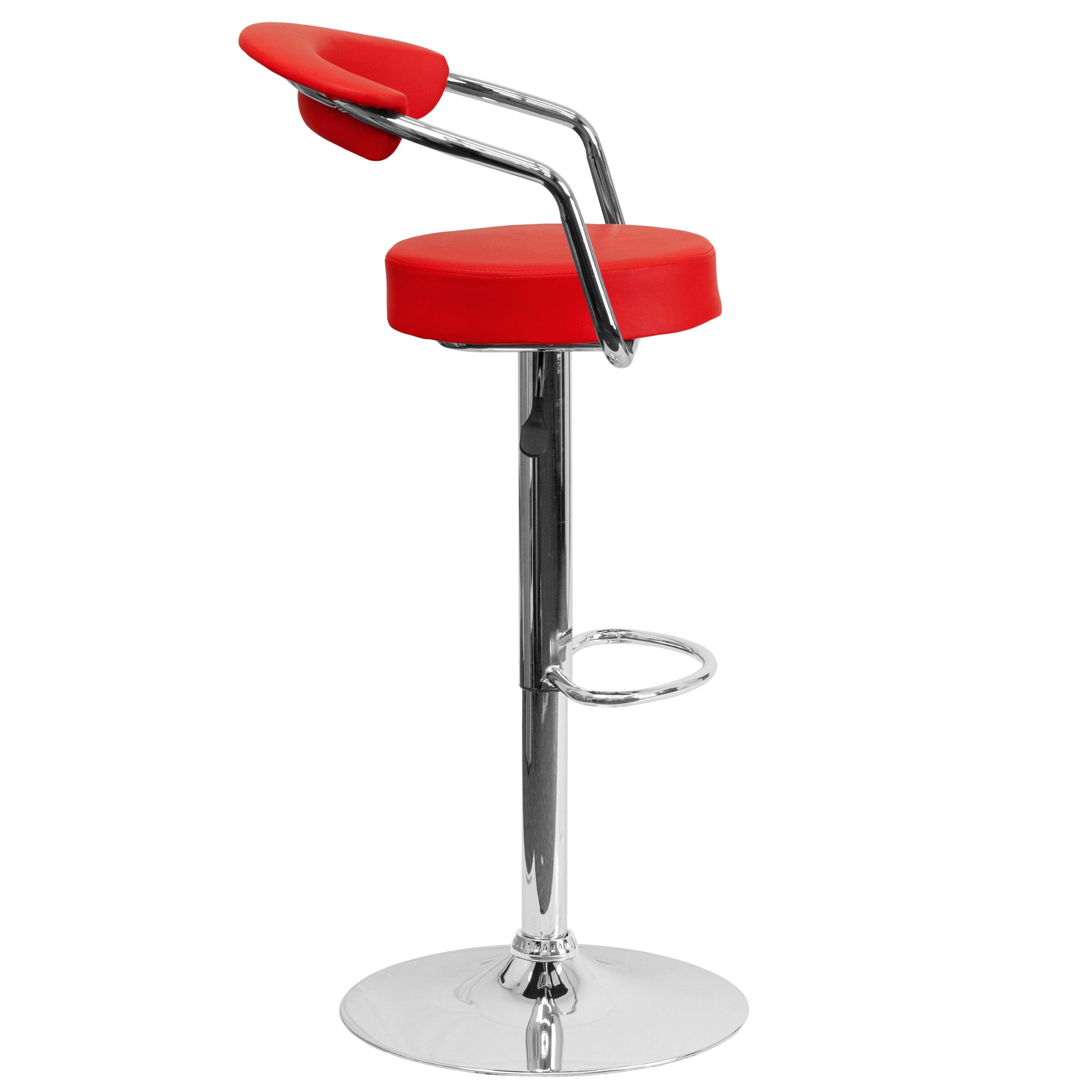 Cruz Contemporary Red Vinyl Adjustable Height Barstool with Arms and Chrome Base
