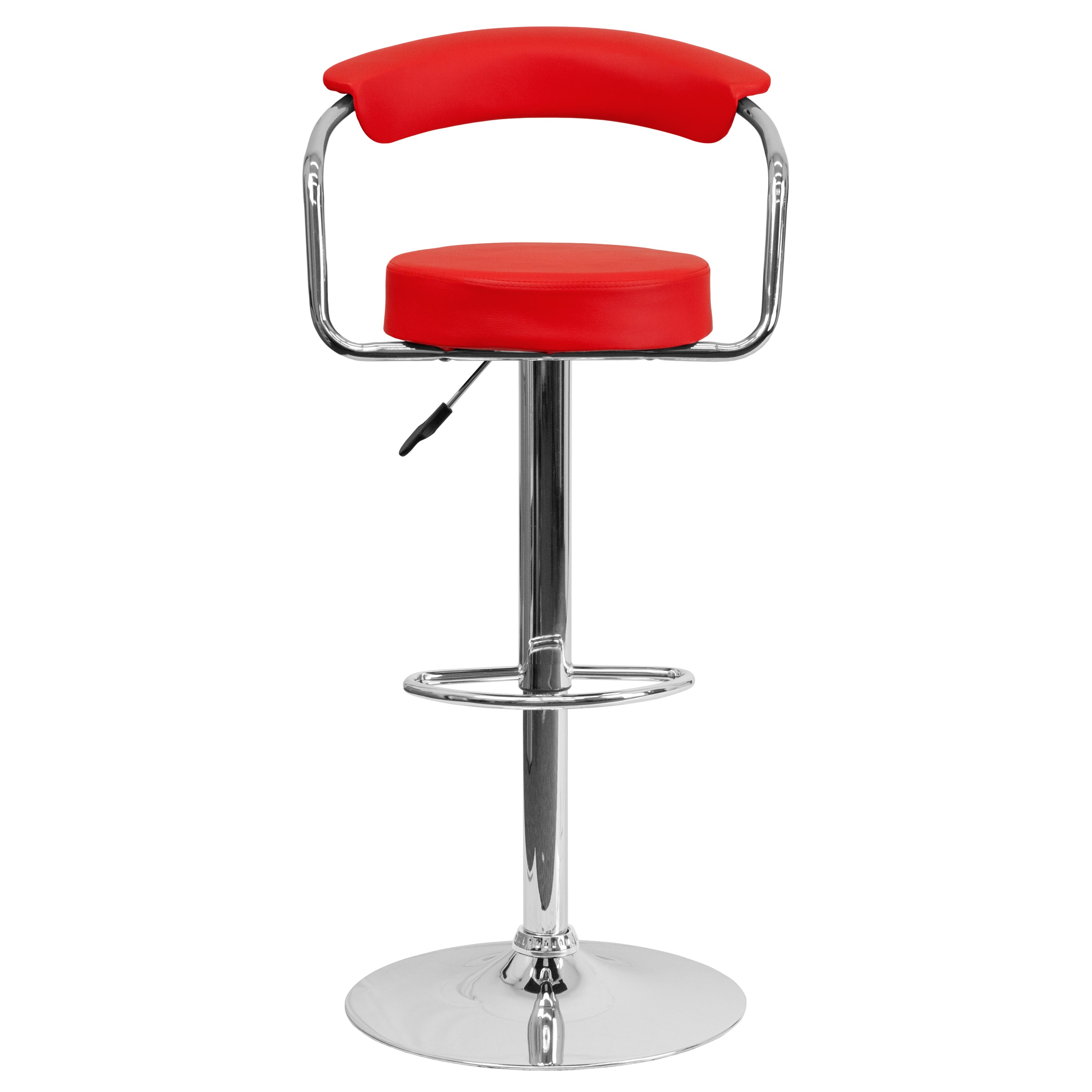 Cruz Contemporary Red Vinyl Adjustable Height Barstool with Arms and Chrome Base