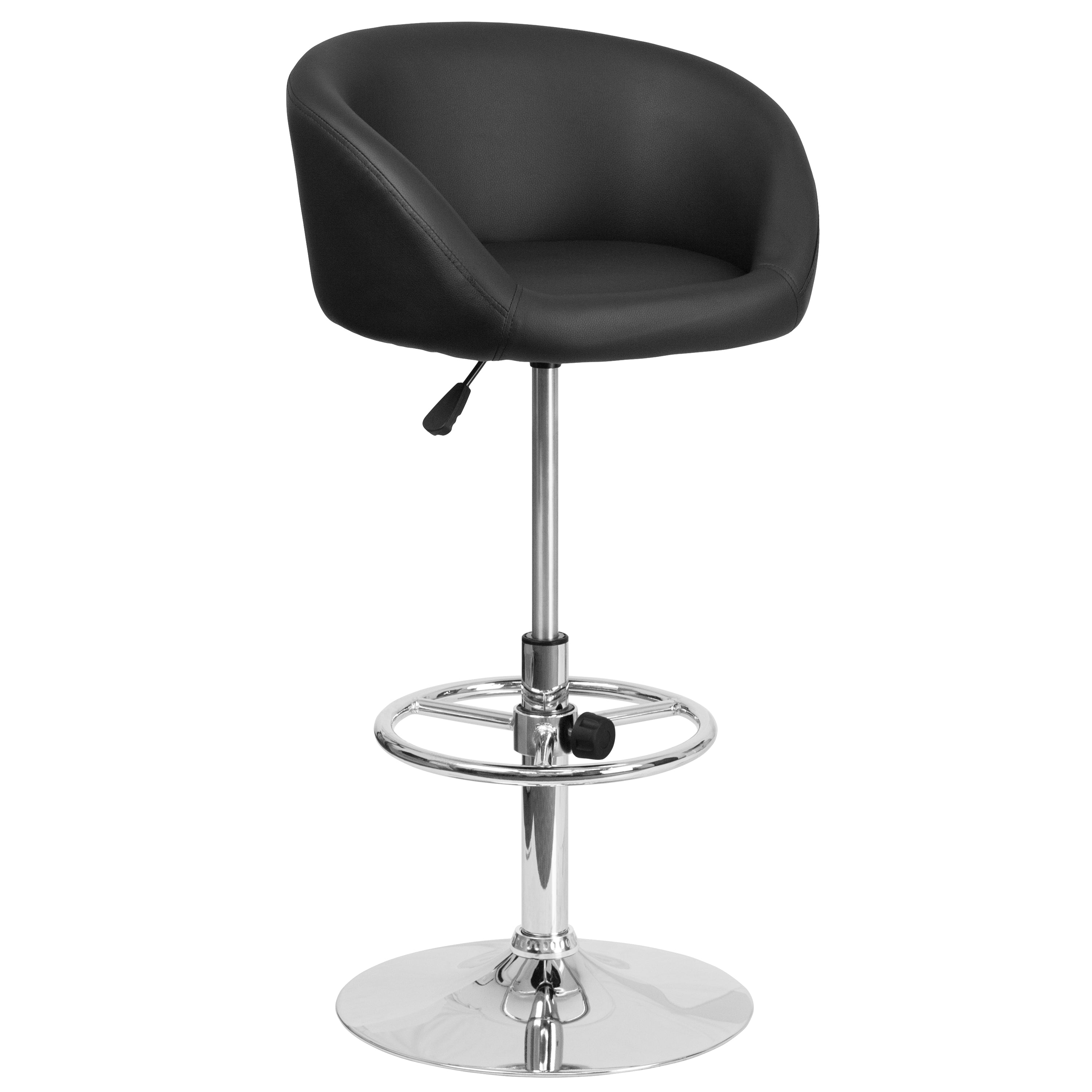 Luis Contemporary Black Vinyl Adjustable Height Barstool with Barrel Back and Chrome Base