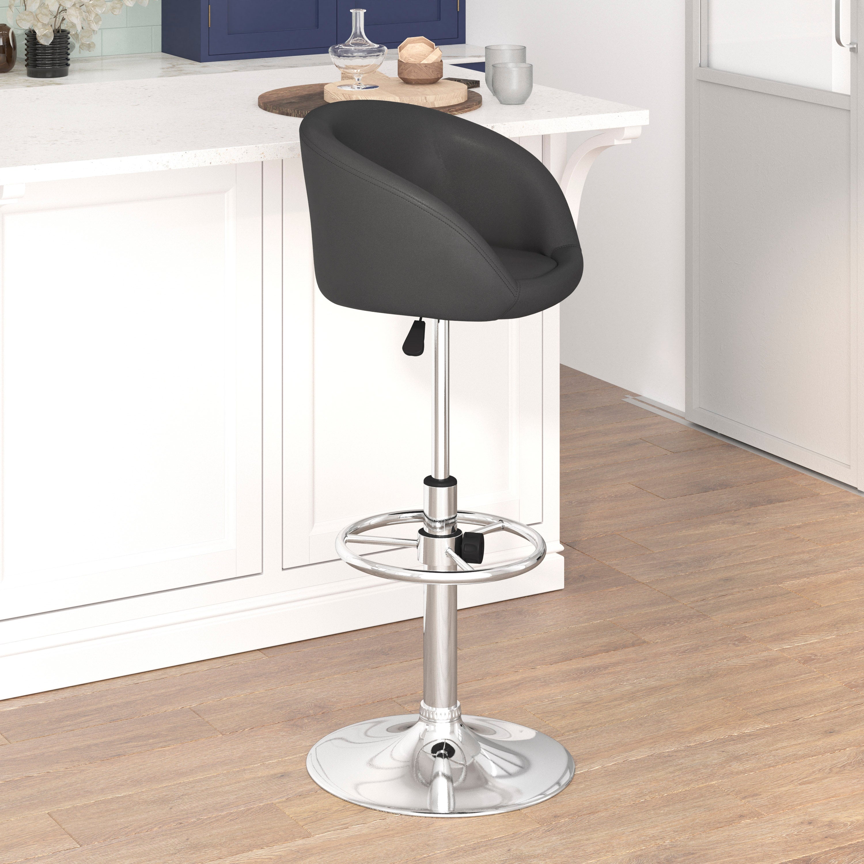 Luis Contemporary Black Vinyl Adjustable Height Barstool with Barrel Back and Chrome Base