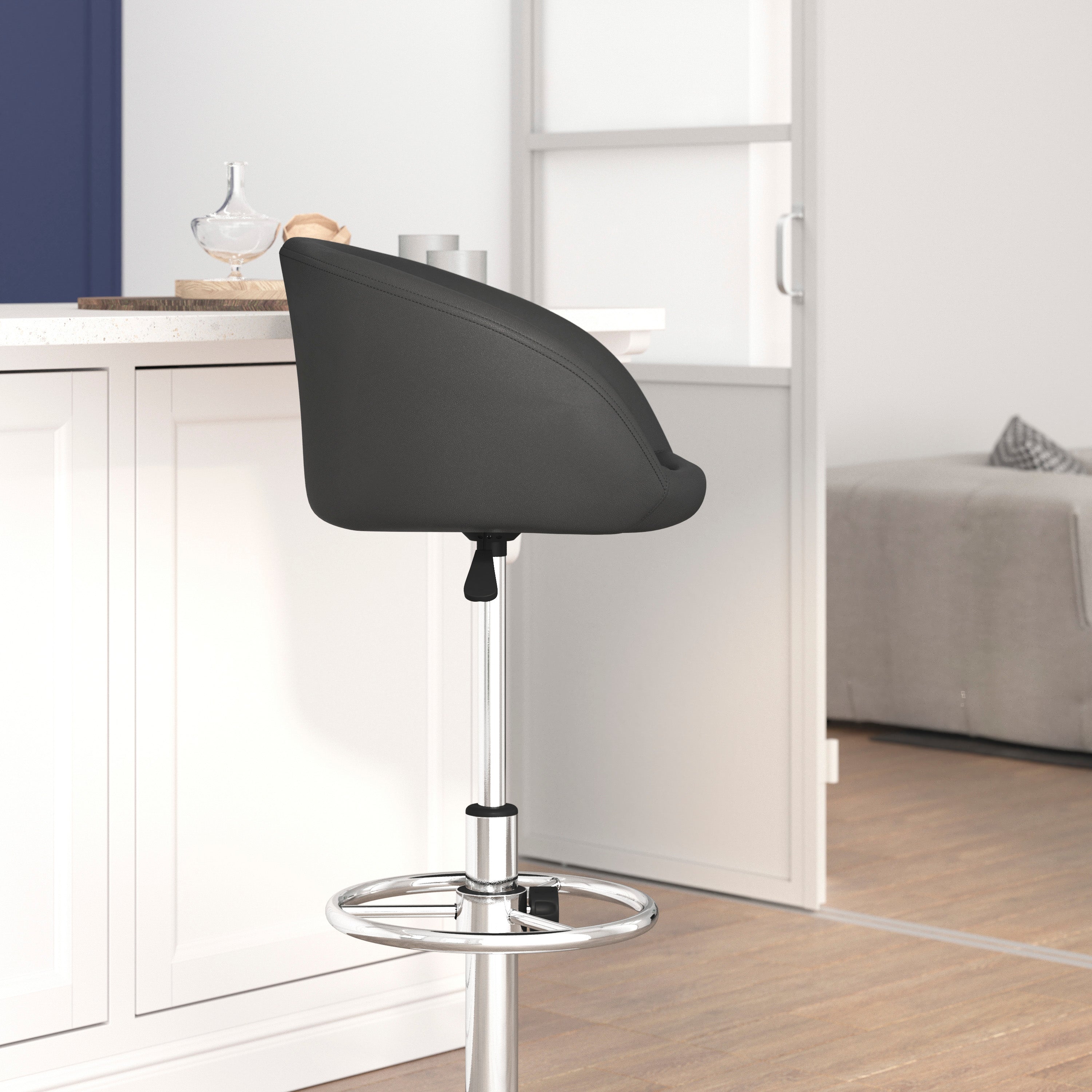 Luis Contemporary Black Vinyl Adjustable Height Barstool with Barrel Back and Chrome Base