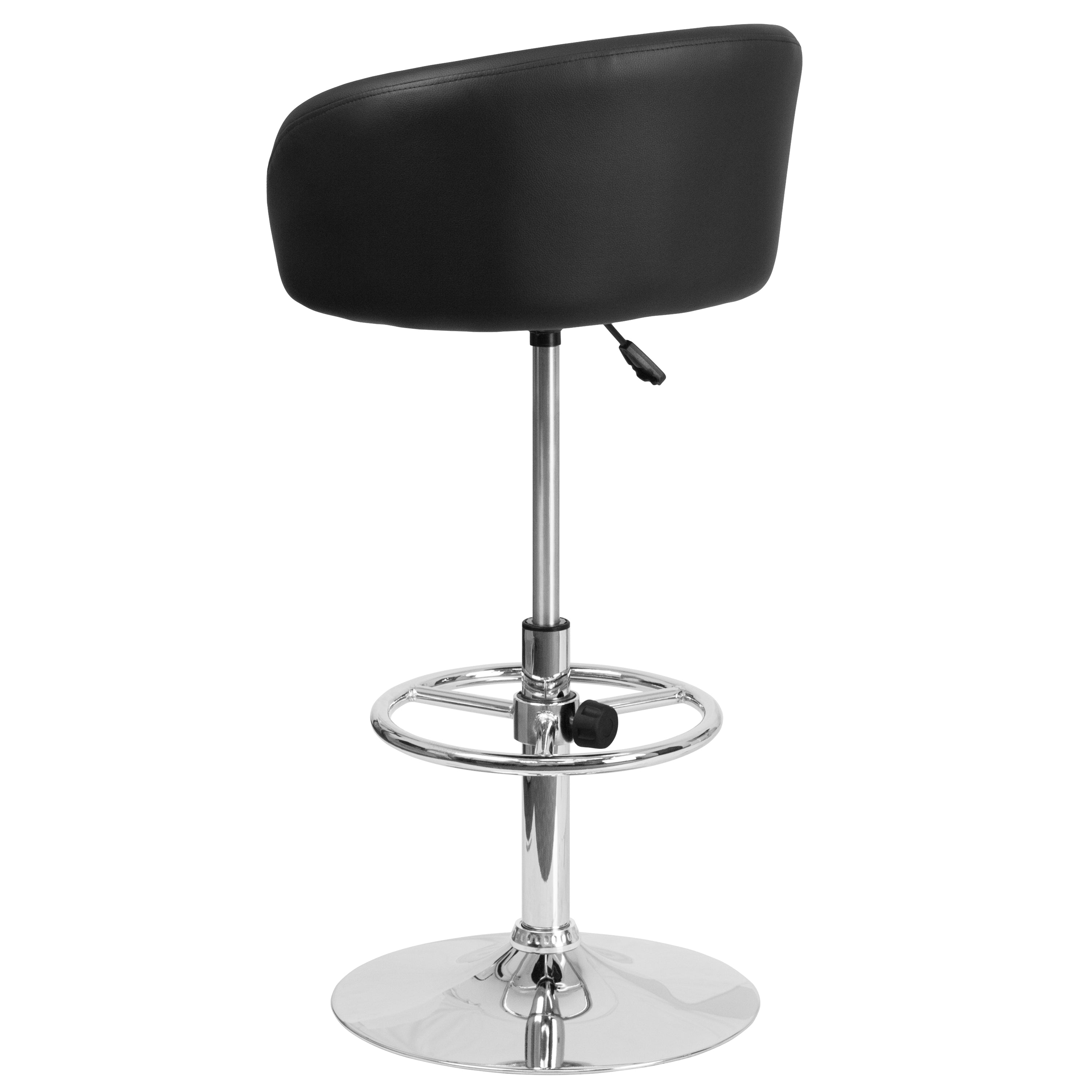 Luis Contemporary Black Vinyl Adjustable Height Barstool with Barrel Back and Chrome Base
