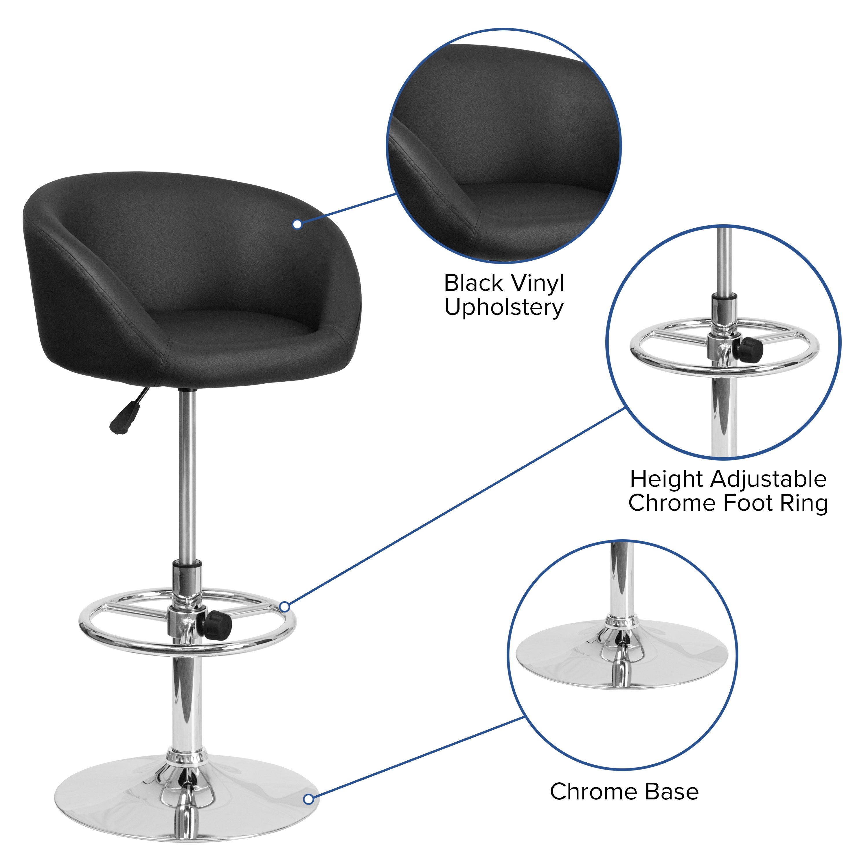 Luis Contemporary Black Vinyl Adjustable Height Barstool with Barrel Back and Chrome Base