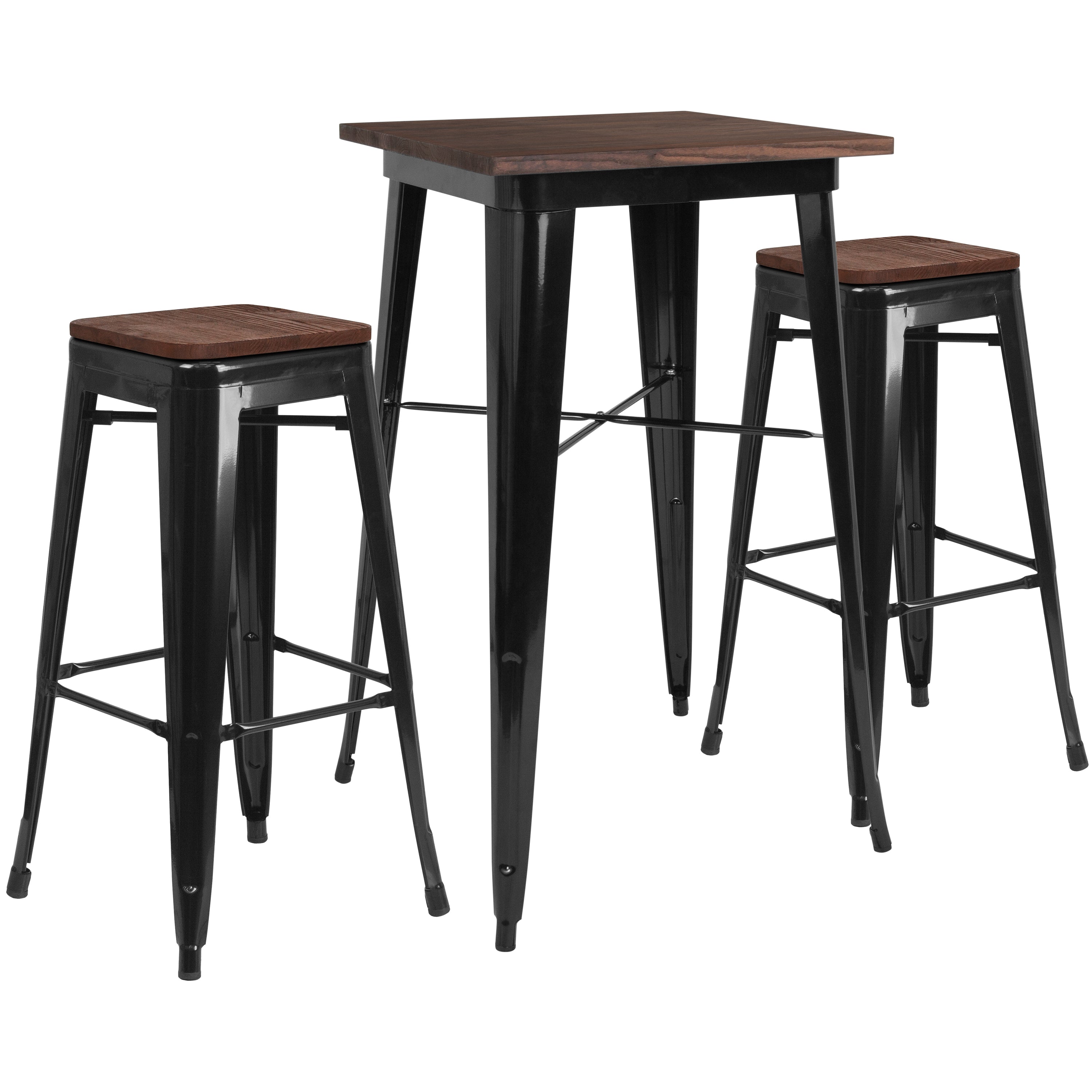 Bailey 23.5" Square Black Metal Bar Table Set with Wood Top and 2 Backless Stools