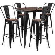 Bailey 31.5" Square Black Metal Bar Table Set with Wood Top and 4 Stools