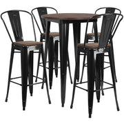 Bailey 30" Round Black Metal Bar Table Set with Wood Top and 4 Stools