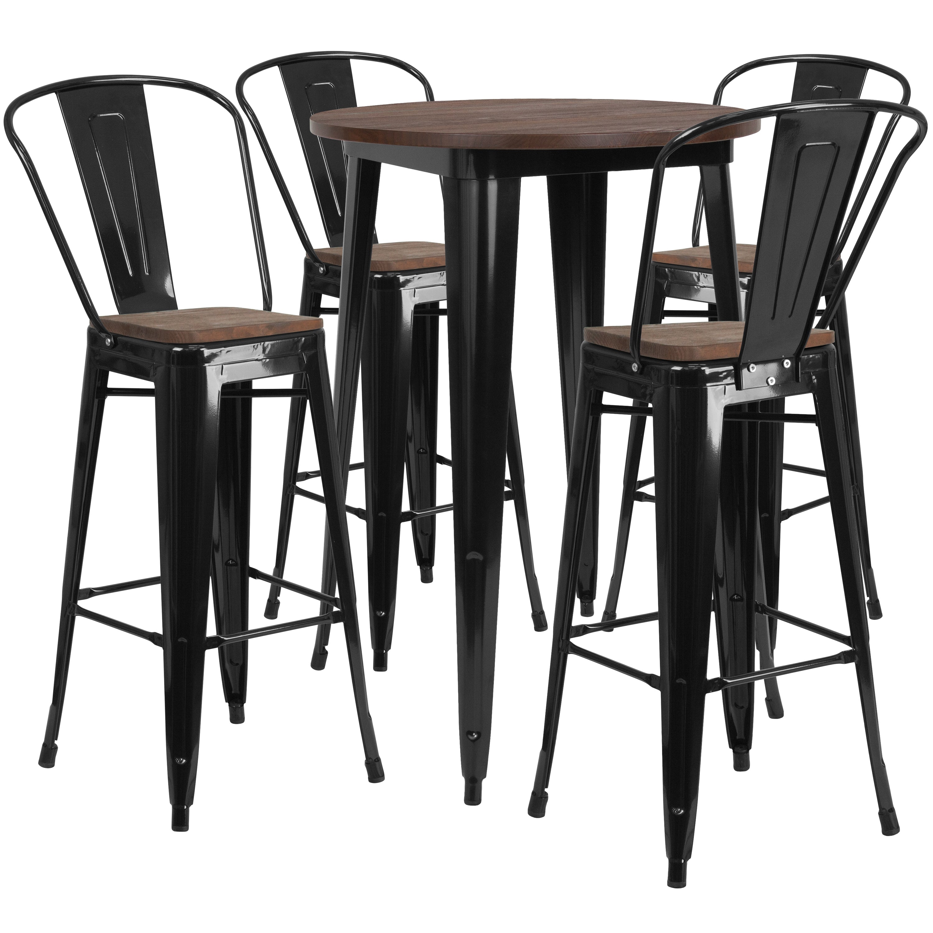 Bailey 30" Round Black Metal Bar Table Set with Wood Top and 4 Stools