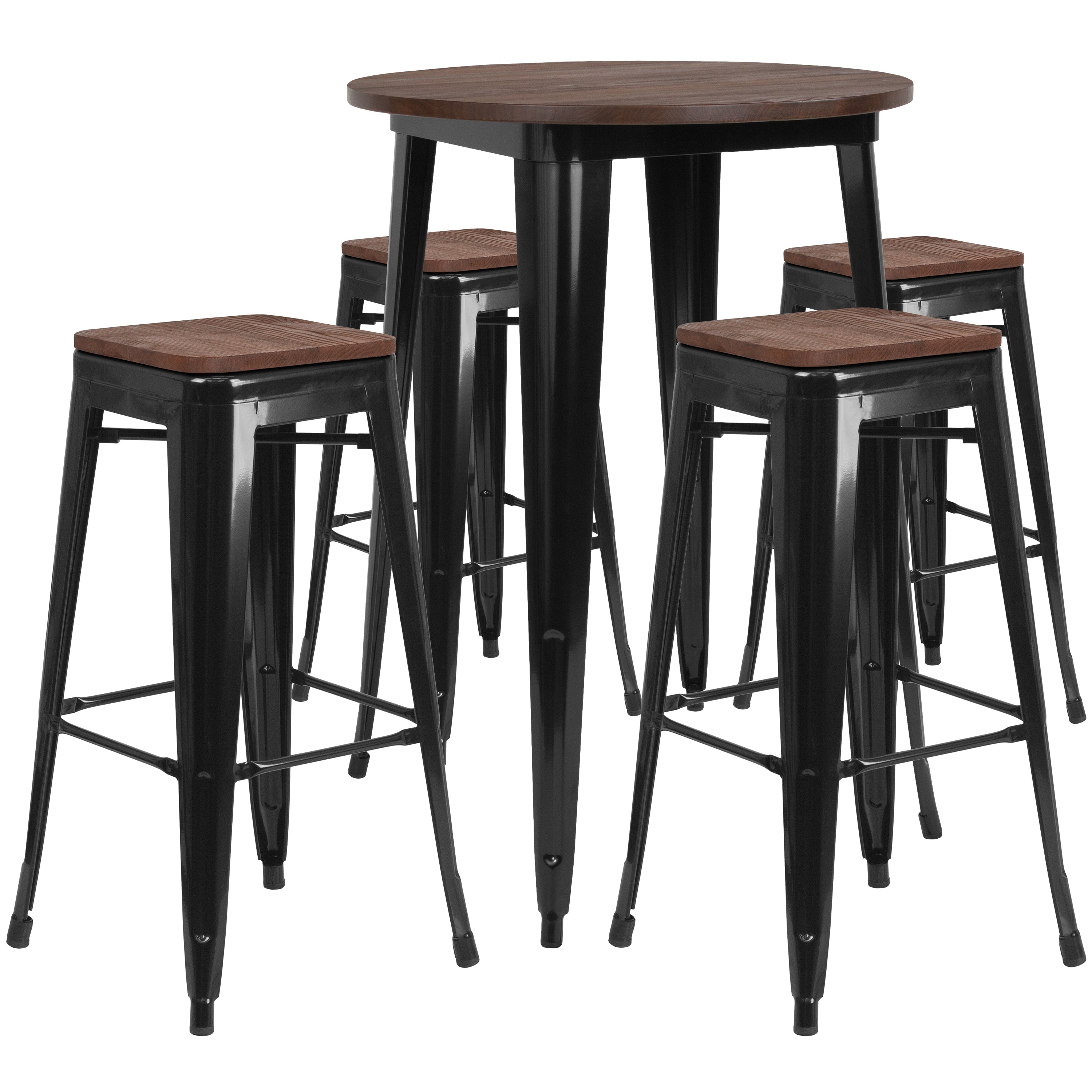 Bailey 30" Round Black Metal Bar Table Set with Wood Top and 4 Backless Stools