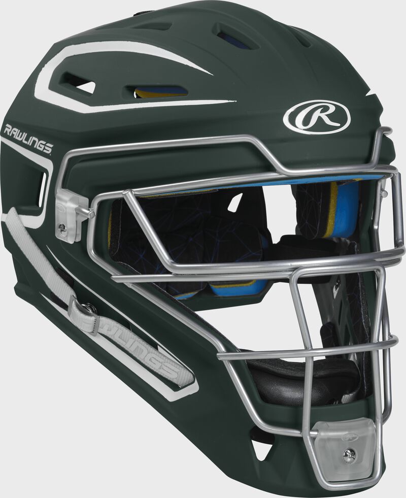 Rawlings Mach Matte 2-Tone Hockey Style Junior Catchers Helmet - Dark Green/White
