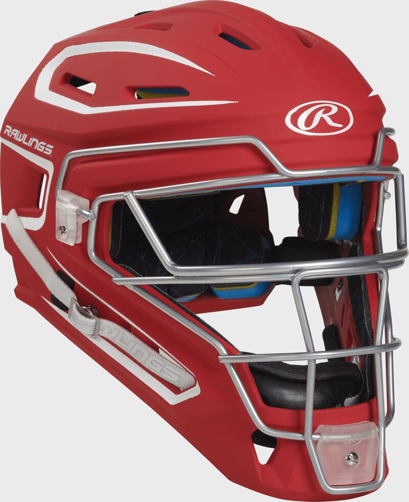 Rawlings Mach Matte 2-Tone Hockey Style Junior Catchers Helmet - Scarlet/White