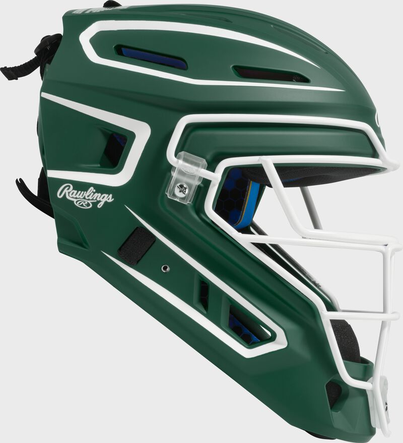 Rawlings Mach Pro Series Senior Hockey-Style Catchers Helmet - Dark Green/White