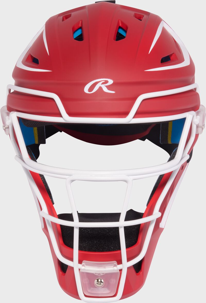 Rawlings Mach Pro Series Junior Hockey-Style Catchers Helmet - Scarlet/White