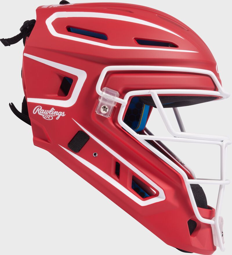 Rawlings Mach Pro Series Junior Hockey-Style Catchers Helmet - Scarlet/White