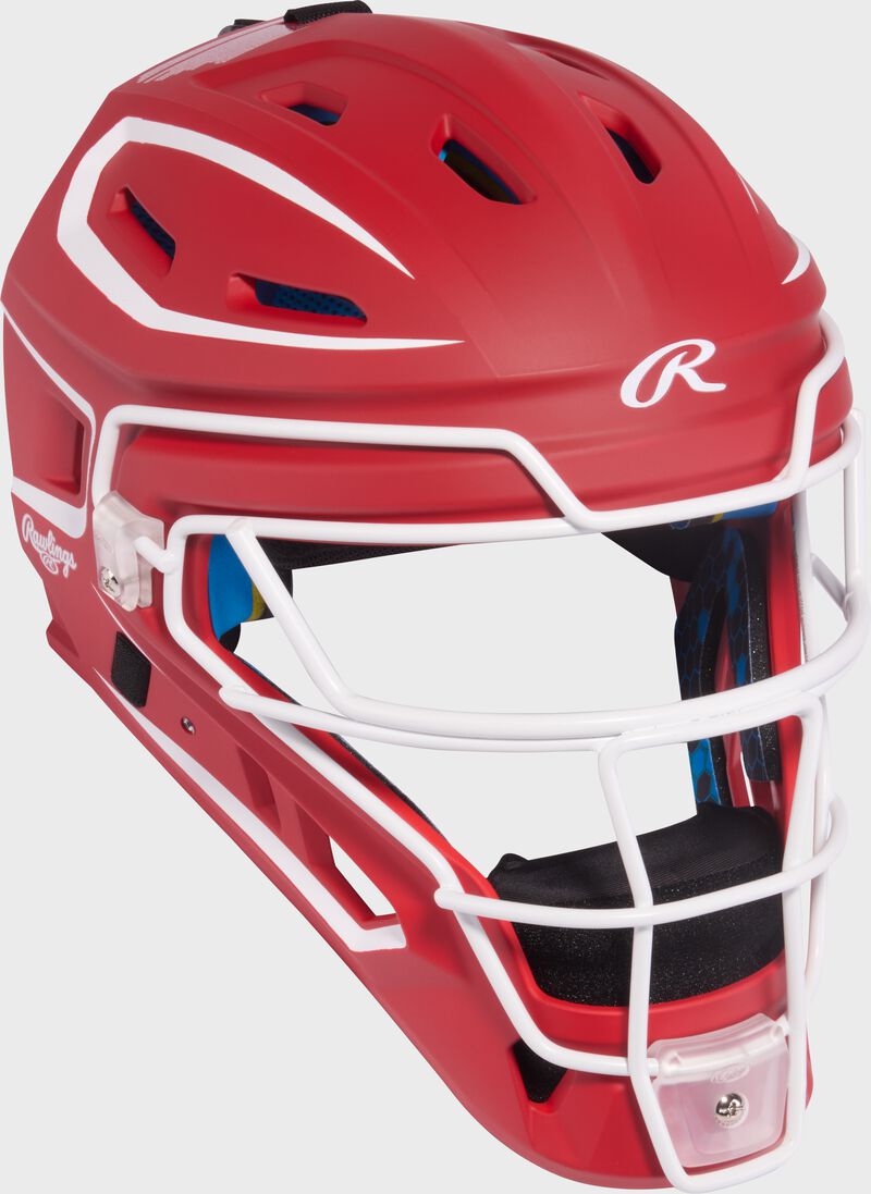 Rawlings Mach Pro Series Junior Hockey-Style Catchers Helmet - Scarlet/White