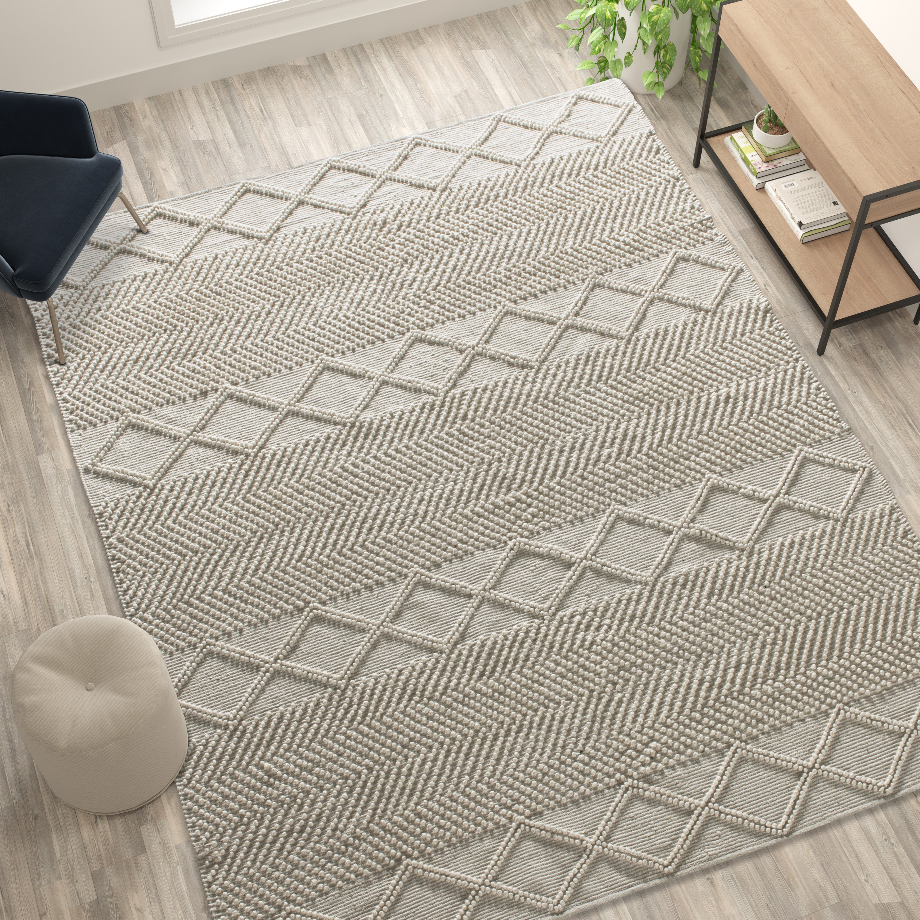 Melissa 8' x 10' White & Ivory Geometric Design Handwoven Area Rug - Wool/Polyester/Cotton Blend