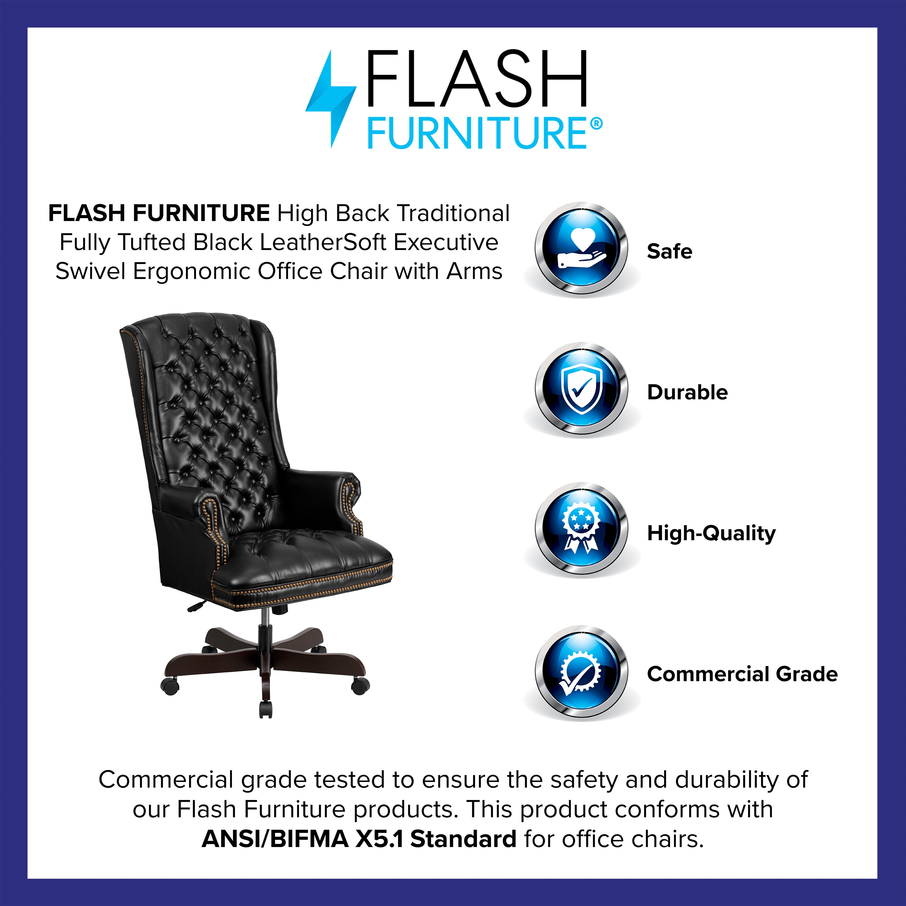 Turner High Back Traditional Fully Tufted Black LeatherSoft Executive Swivel Ergonomic Office Chair with Arms