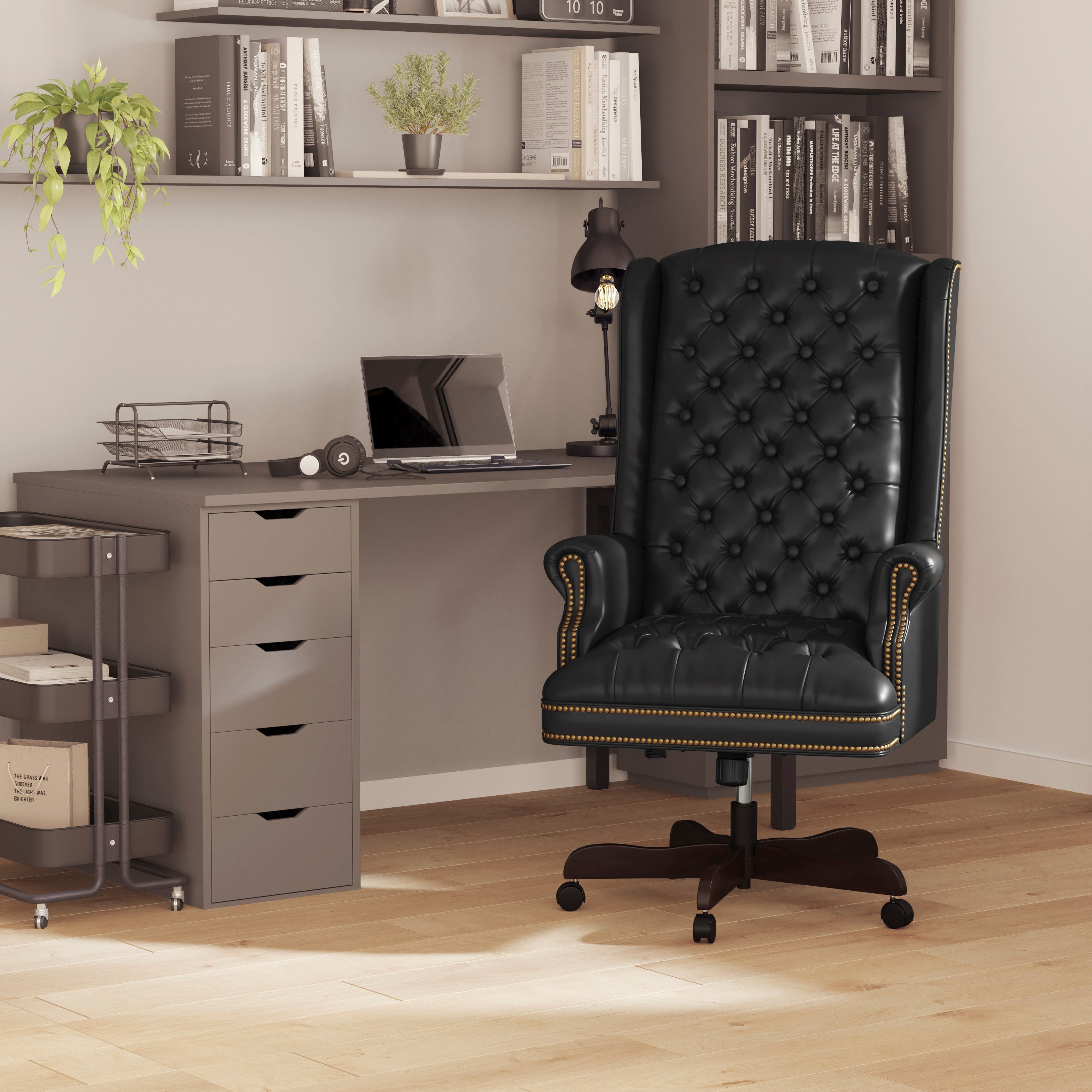 Turner High Back Traditional Fully Tufted Black LeatherSoft Executive Swivel Ergonomic Office Chair with Arms