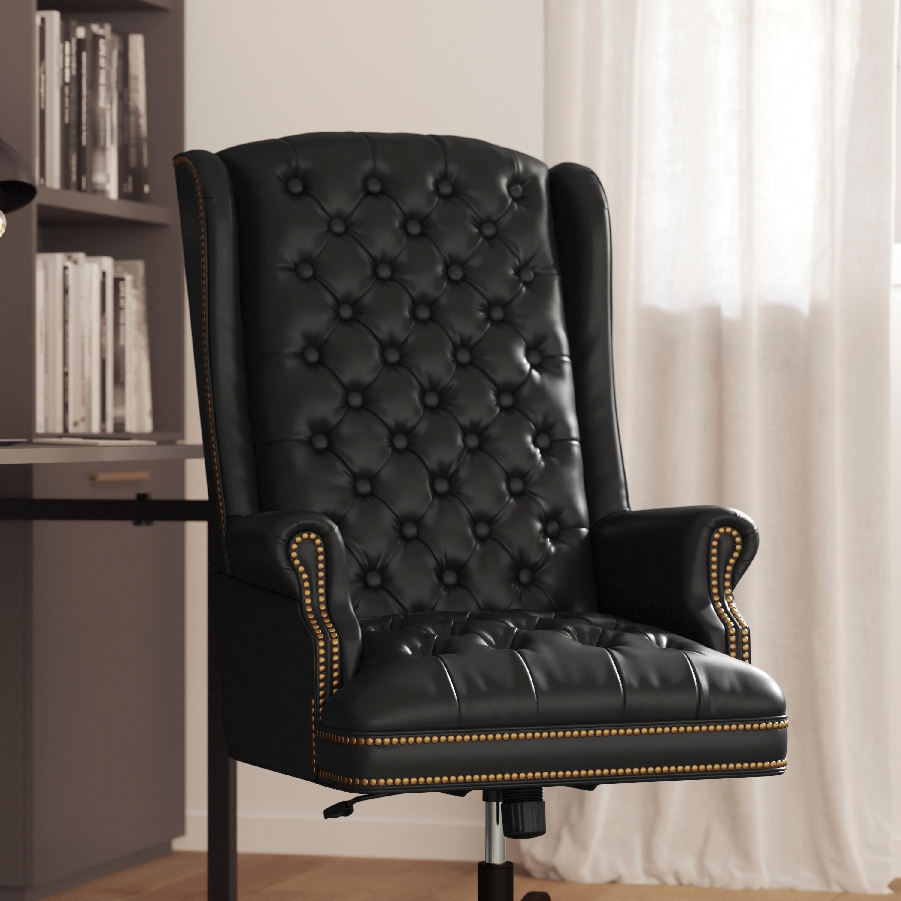 Turner High Back Traditional Fully Tufted Black LeatherSoft Executive Swivel Ergonomic Office Chair with Arms