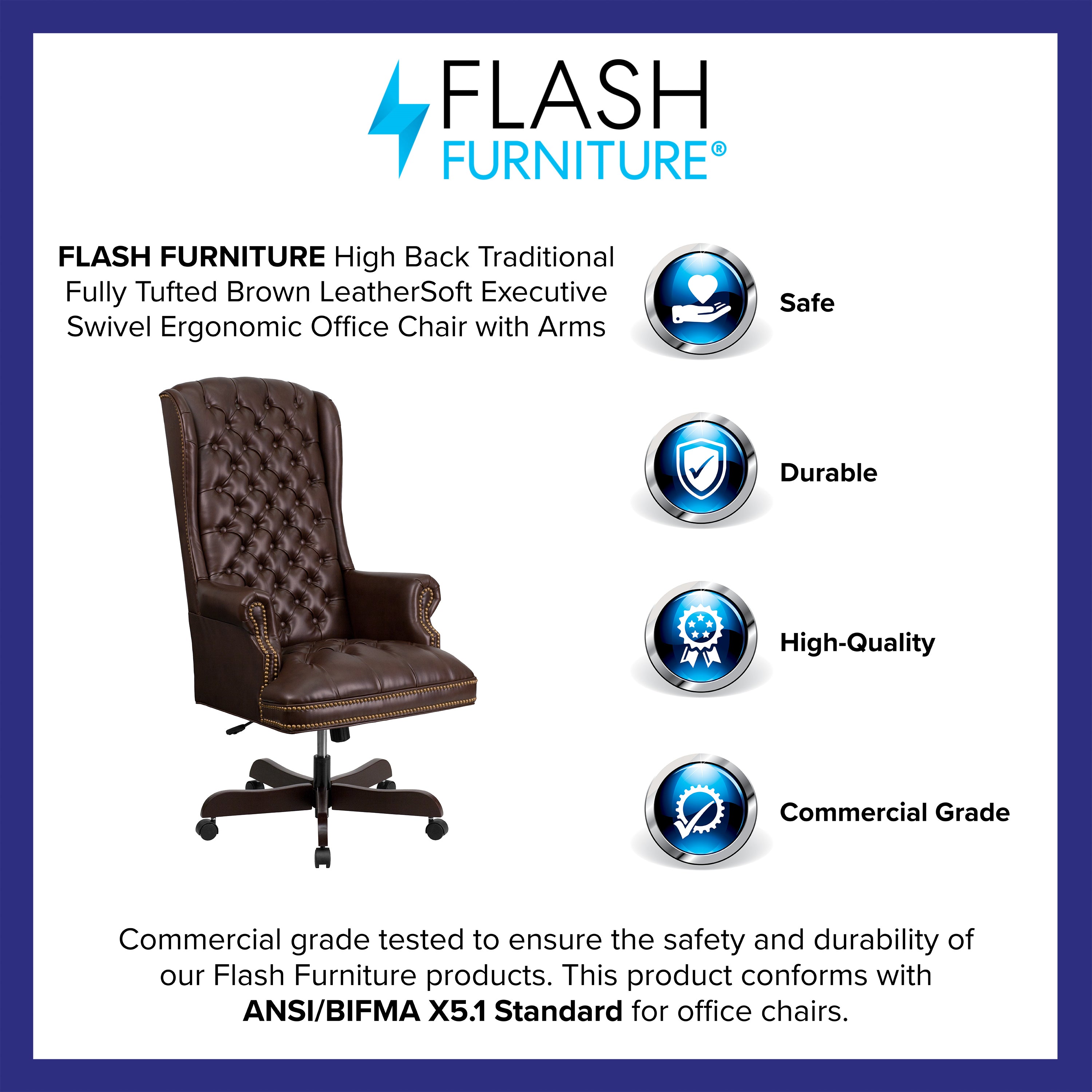 Turner High Back Traditional Fully Tufted Brown LeatherSoft Executive Swivel Ergonomic Office Chair with Arms