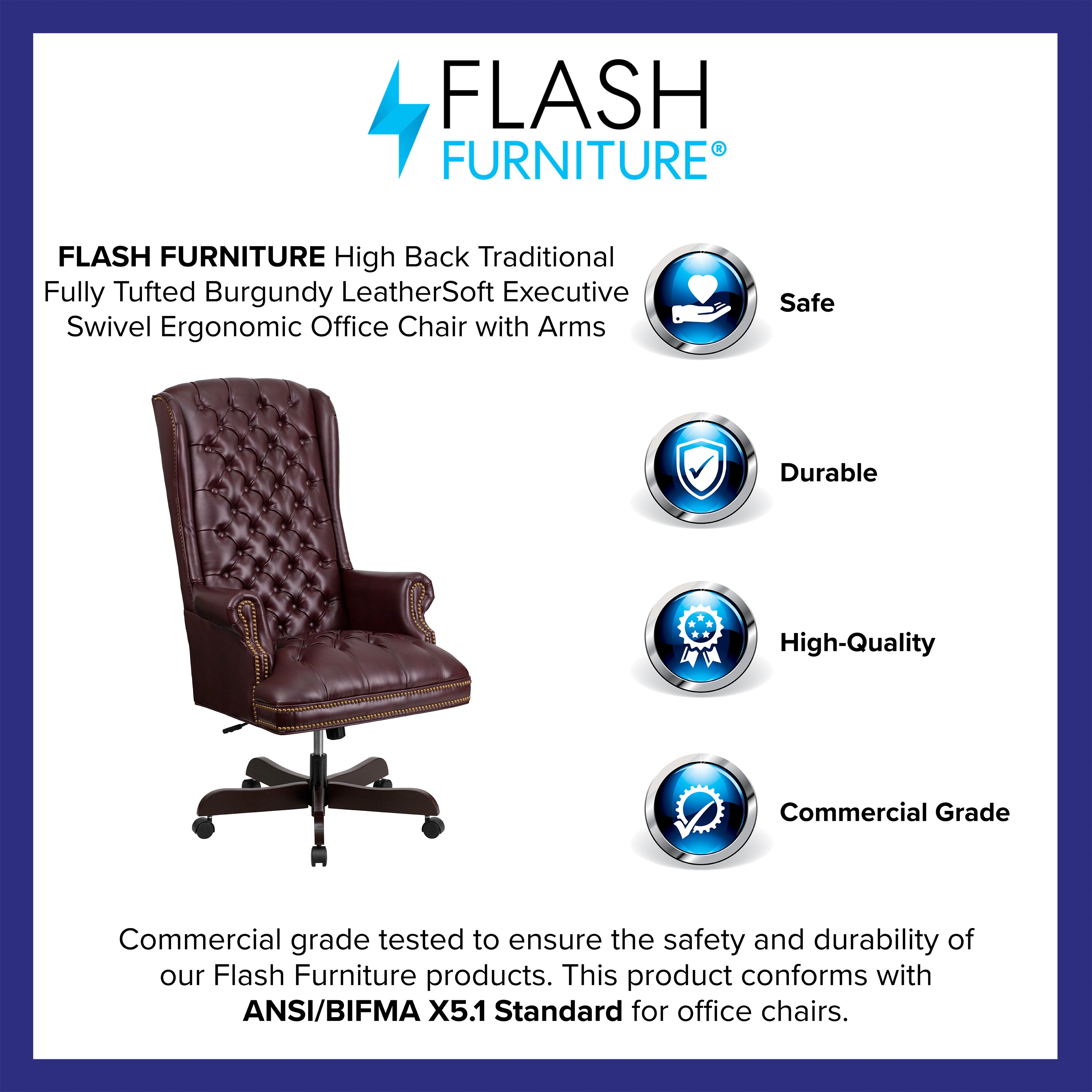 Turner High Back Traditional Fully Tufted Burgundy LeatherSoft Executive Swivel Ergonomic Office Chair with Arms