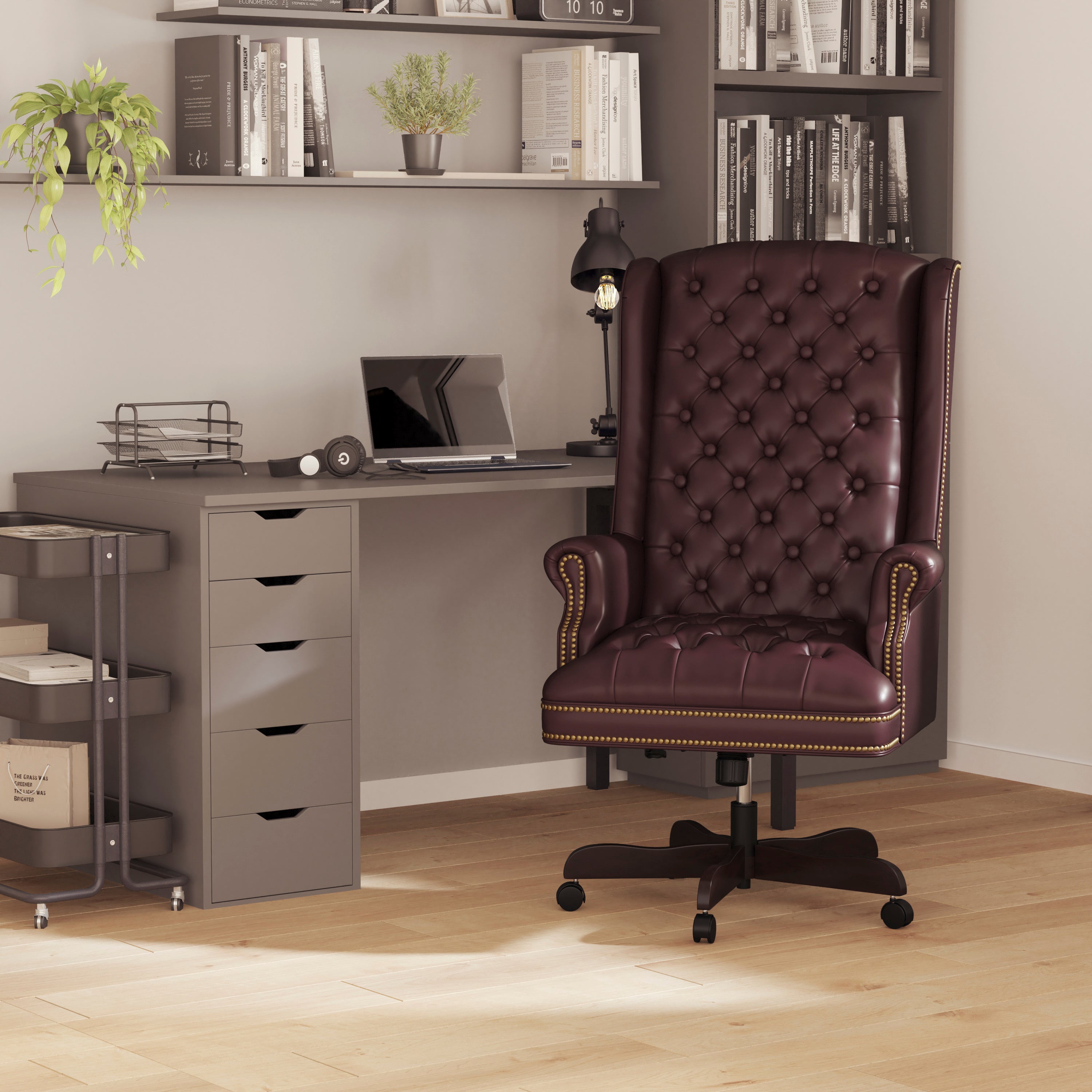 Turner High Back Traditional Fully Tufted Burgundy LeatherSoft Executive Swivel Ergonomic Office Chair with Arms