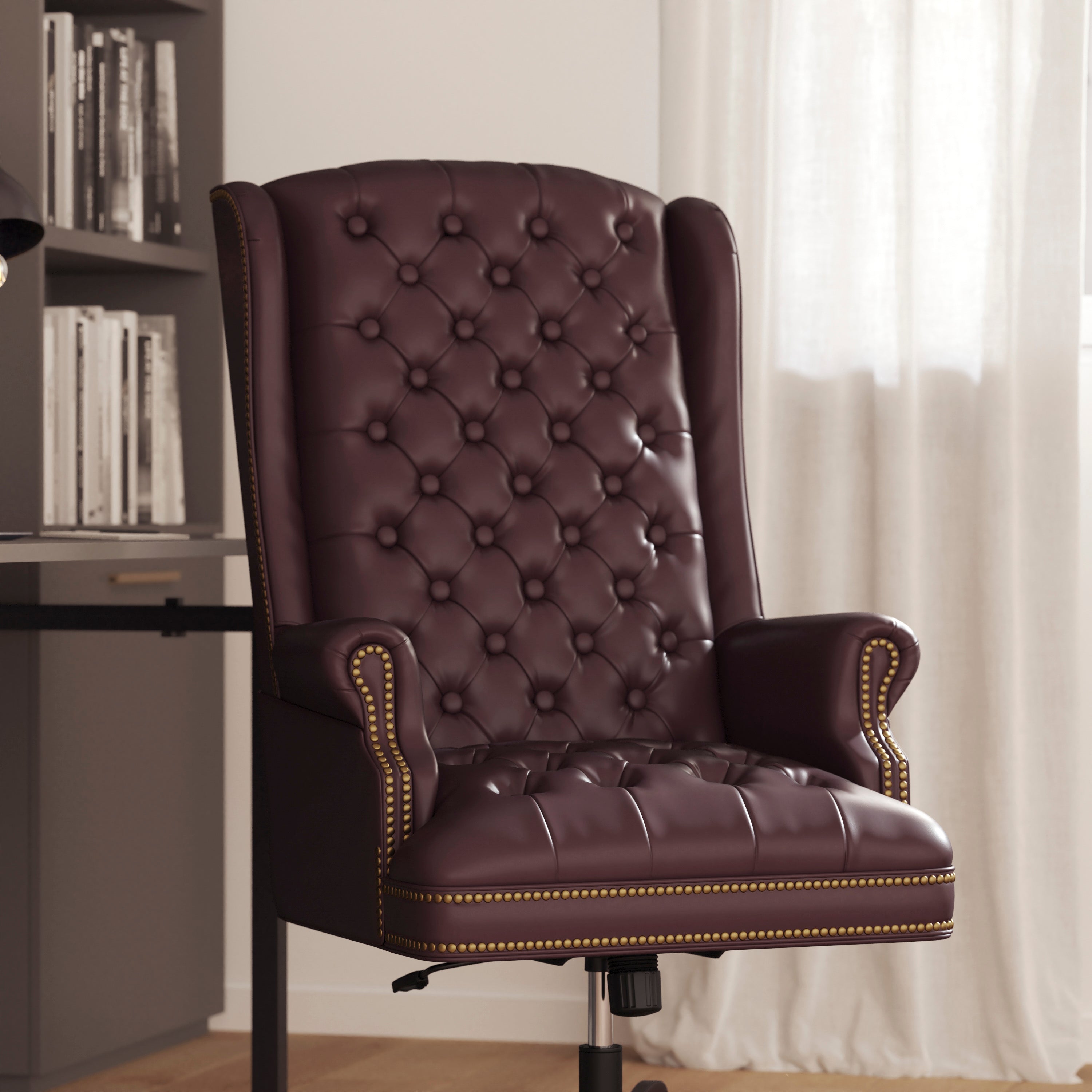 Turner High Back Traditional Fully Tufted Burgundy LeatherSoft Executive Swivel Ergonomic Office Chair with Arms