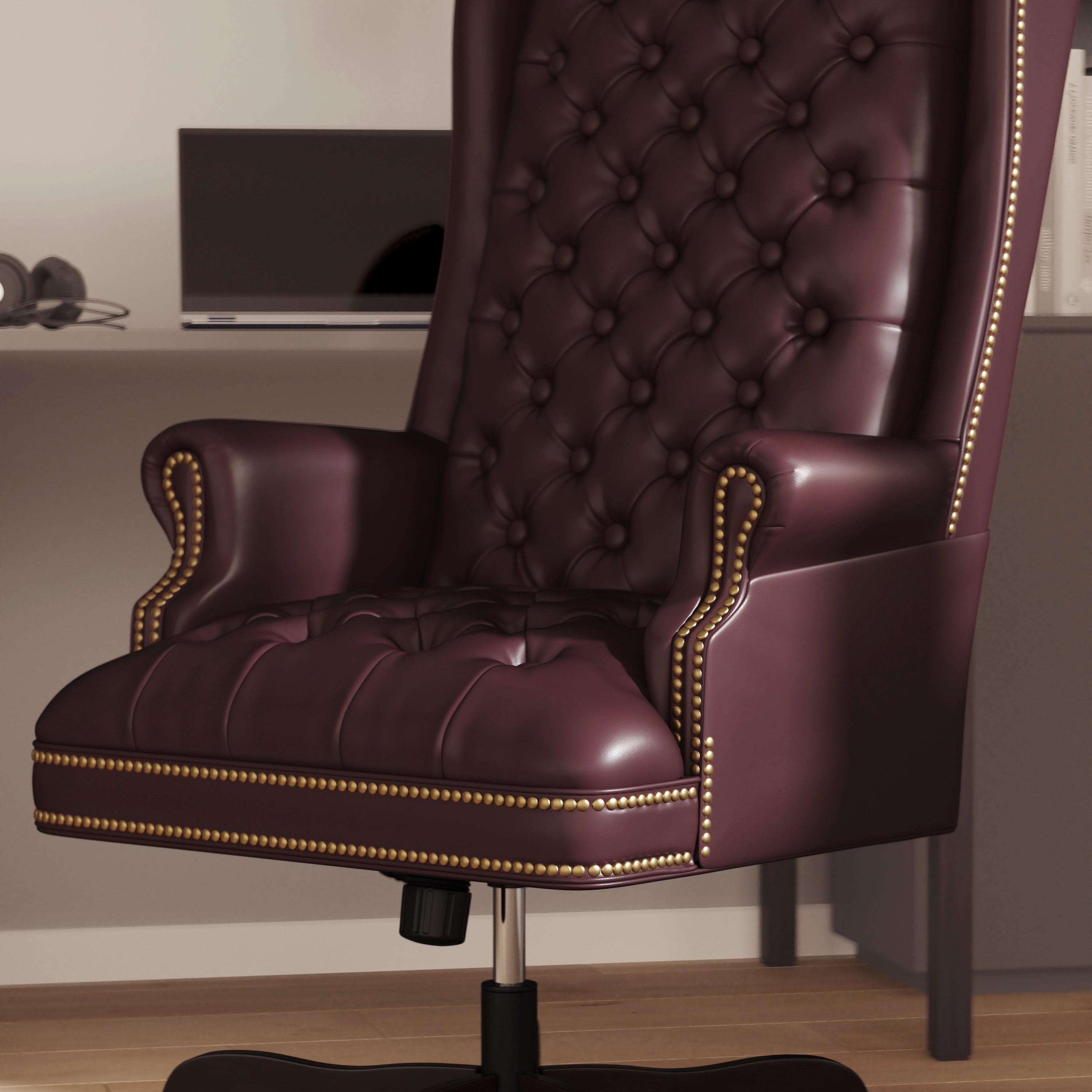 Turner High Back Traditional Fully Tufted Burgundy LeatherSoft Executive Swivel Ergonomic Office Chair with Arms
