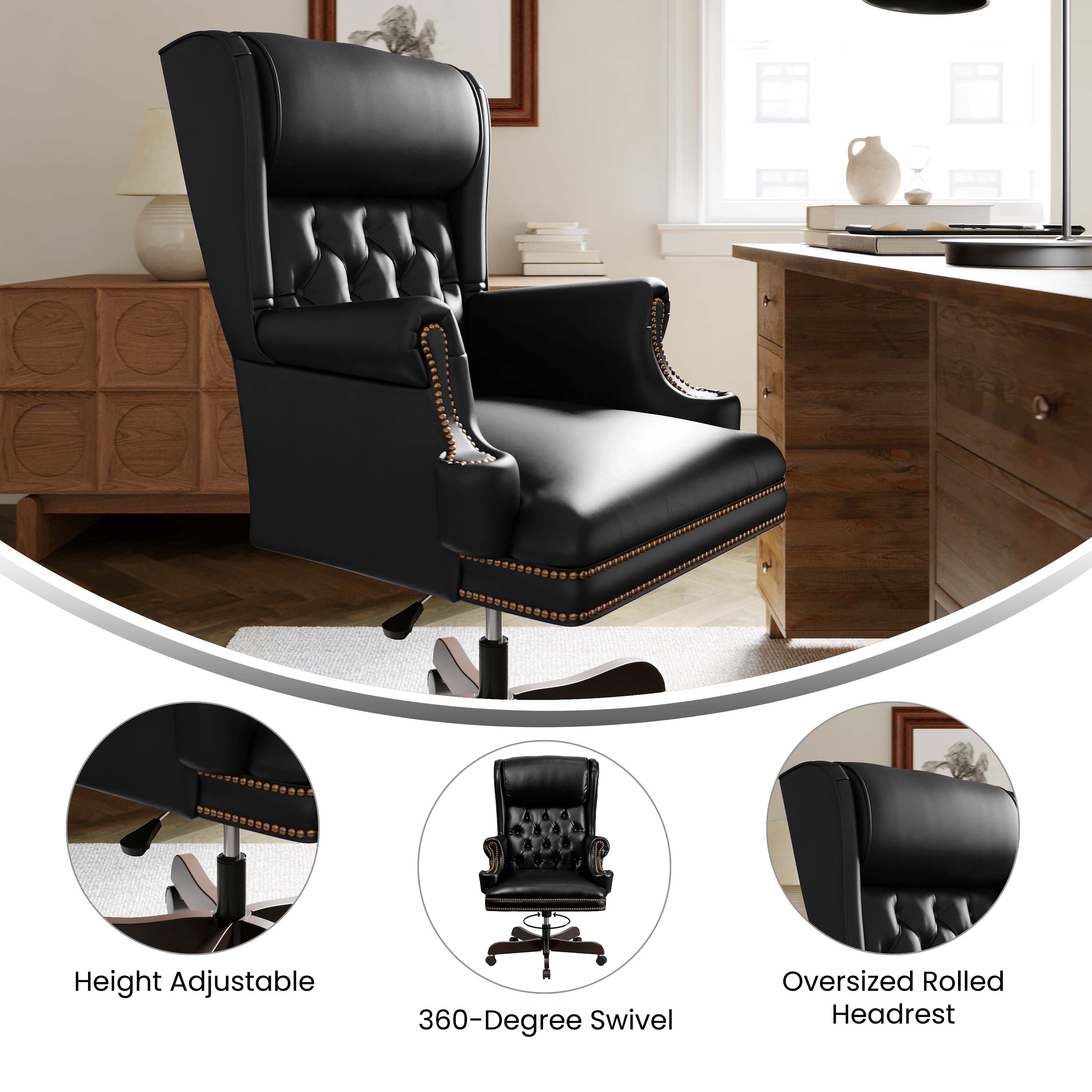 Ainslie High Back Traditional Tufted Black LeatherSoft Executive Ergonomic Office Chair with Oversized Headrest & Nail Trim Arms