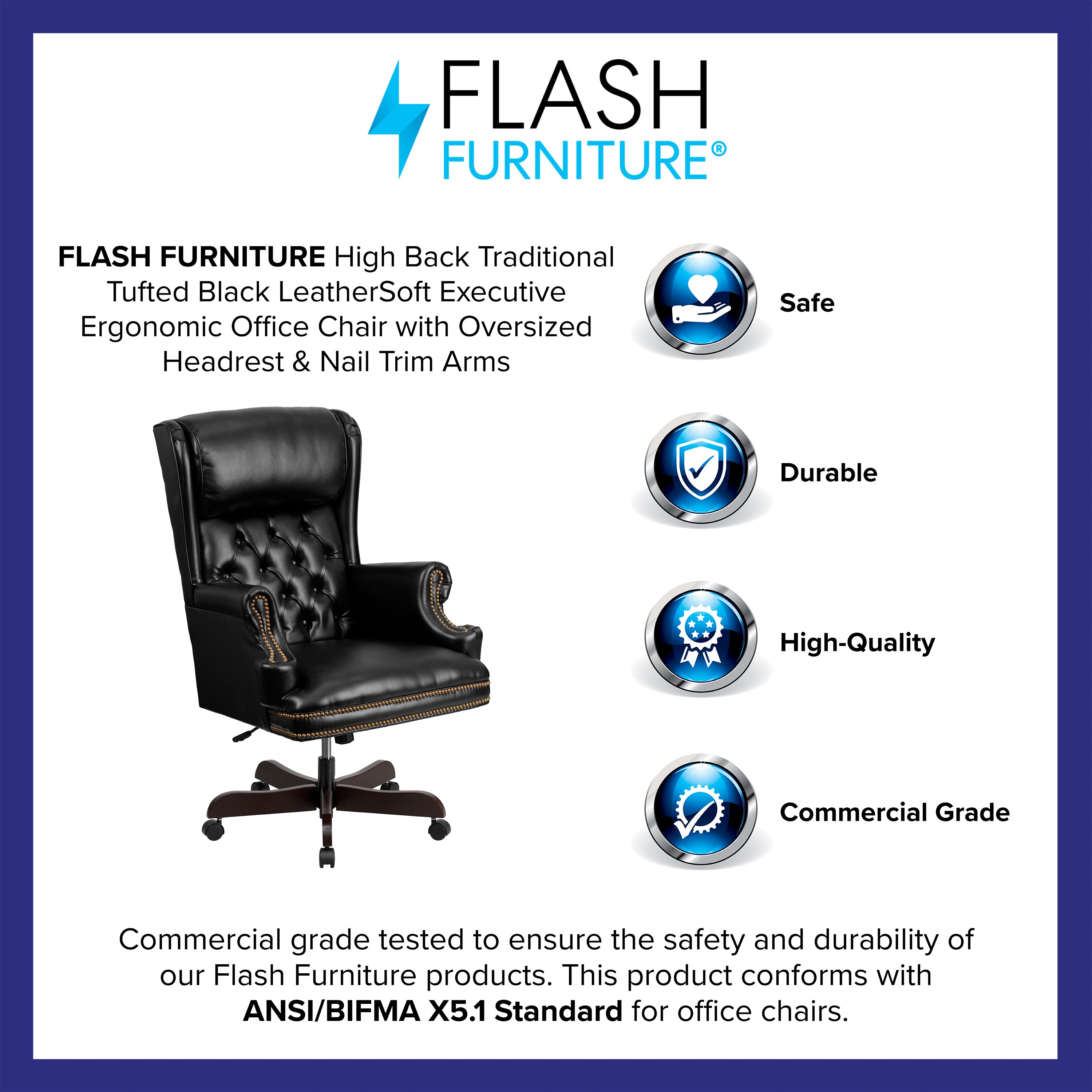 Ainslie High Back Traditional Tufted Black LeatherSoft Executive Ergonomic Office Chair with Oversized Headrest & Nail Trim Arms