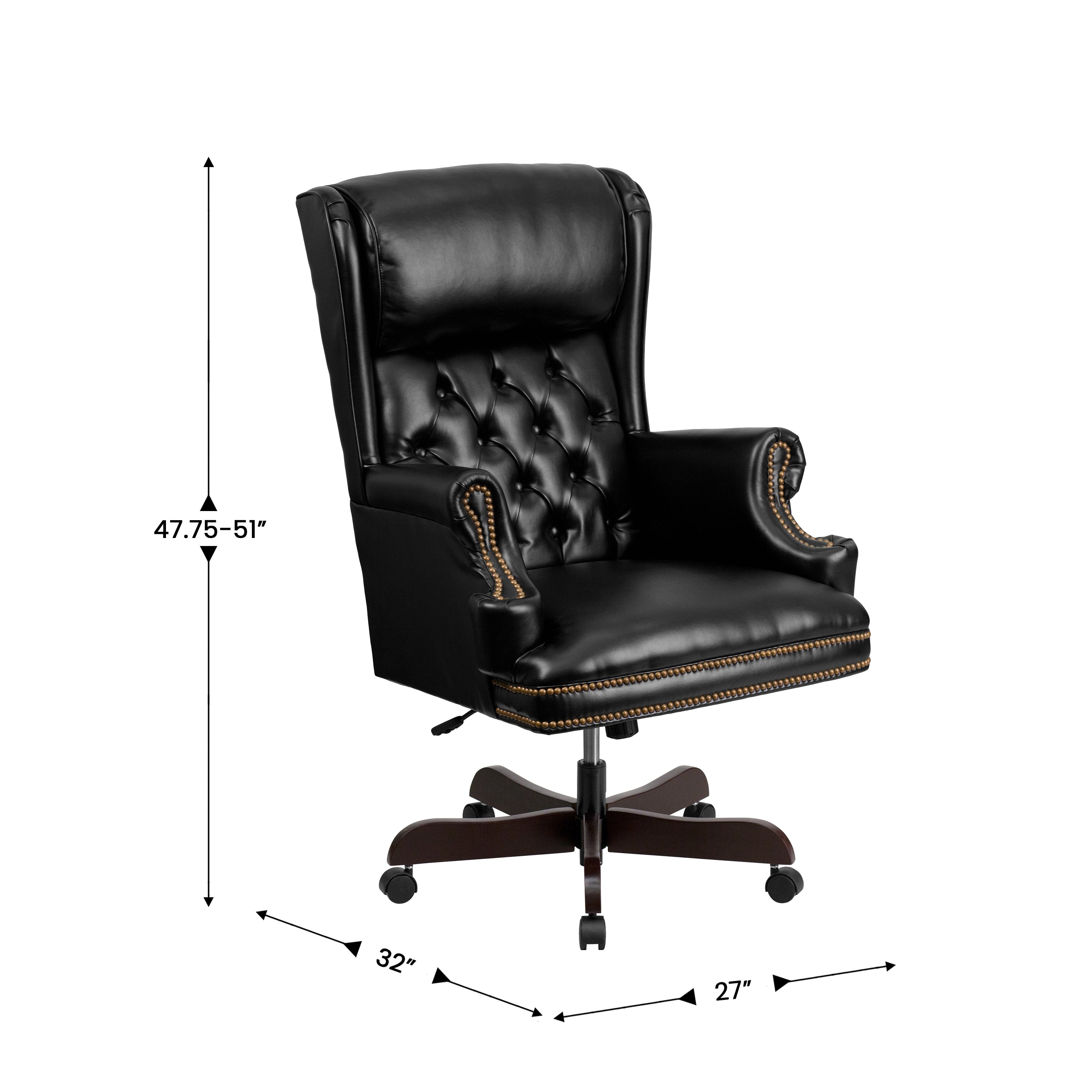 Ainslie High Back Traditional Tufted Black LeatherSoft Executive Ergonomic Office Chair with Oversized Headrest & Nail Trim Arms