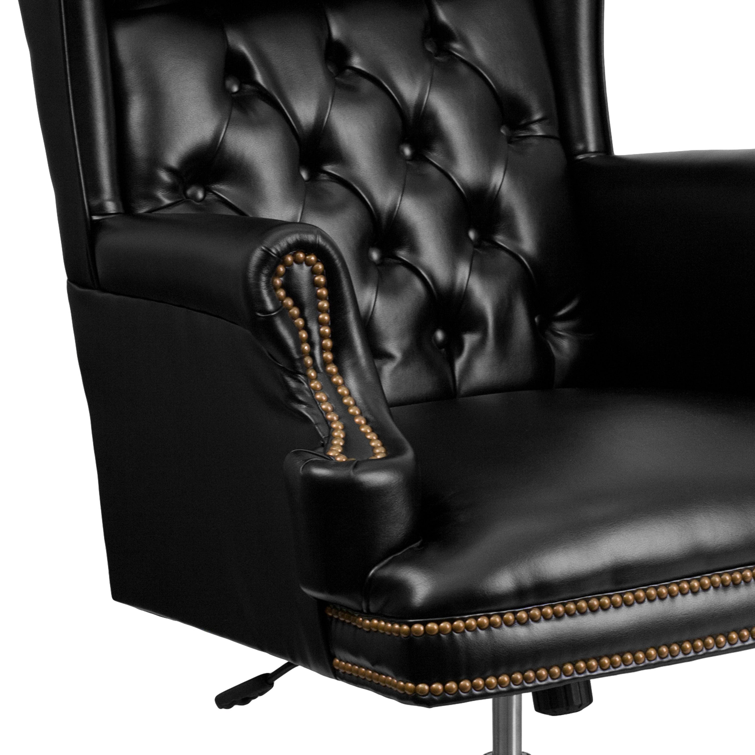 Ainslie High Back Traditional Tufted Black LeatherSoft Executive Ergonomic Office Chair with Oversized Headrest & Nail Trim Arms