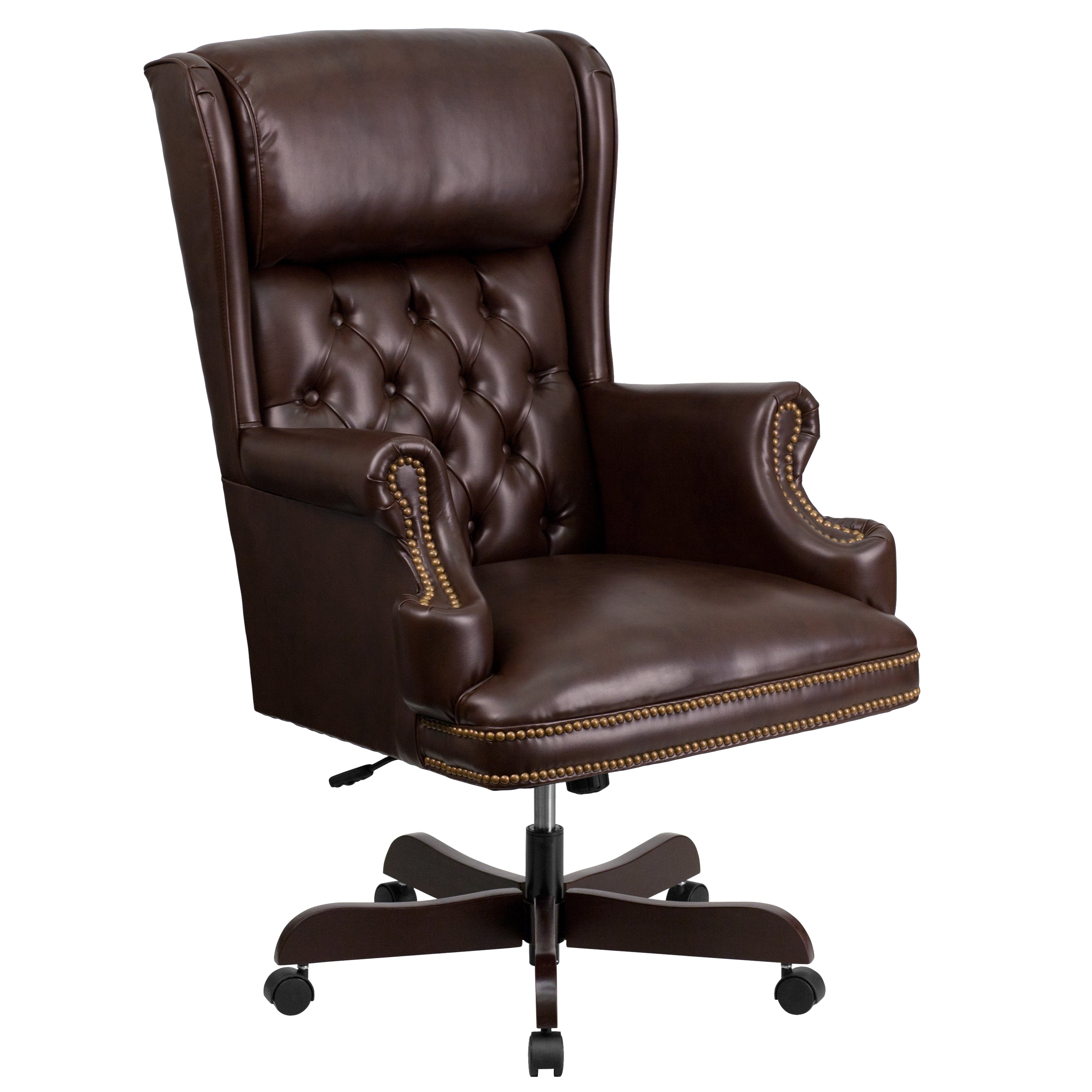 Ainslie High Back Traditional Tufted Brown LeatherSoft Executive Ergonomic Office Chair with Oversized Headrest & Nail Trim Arms